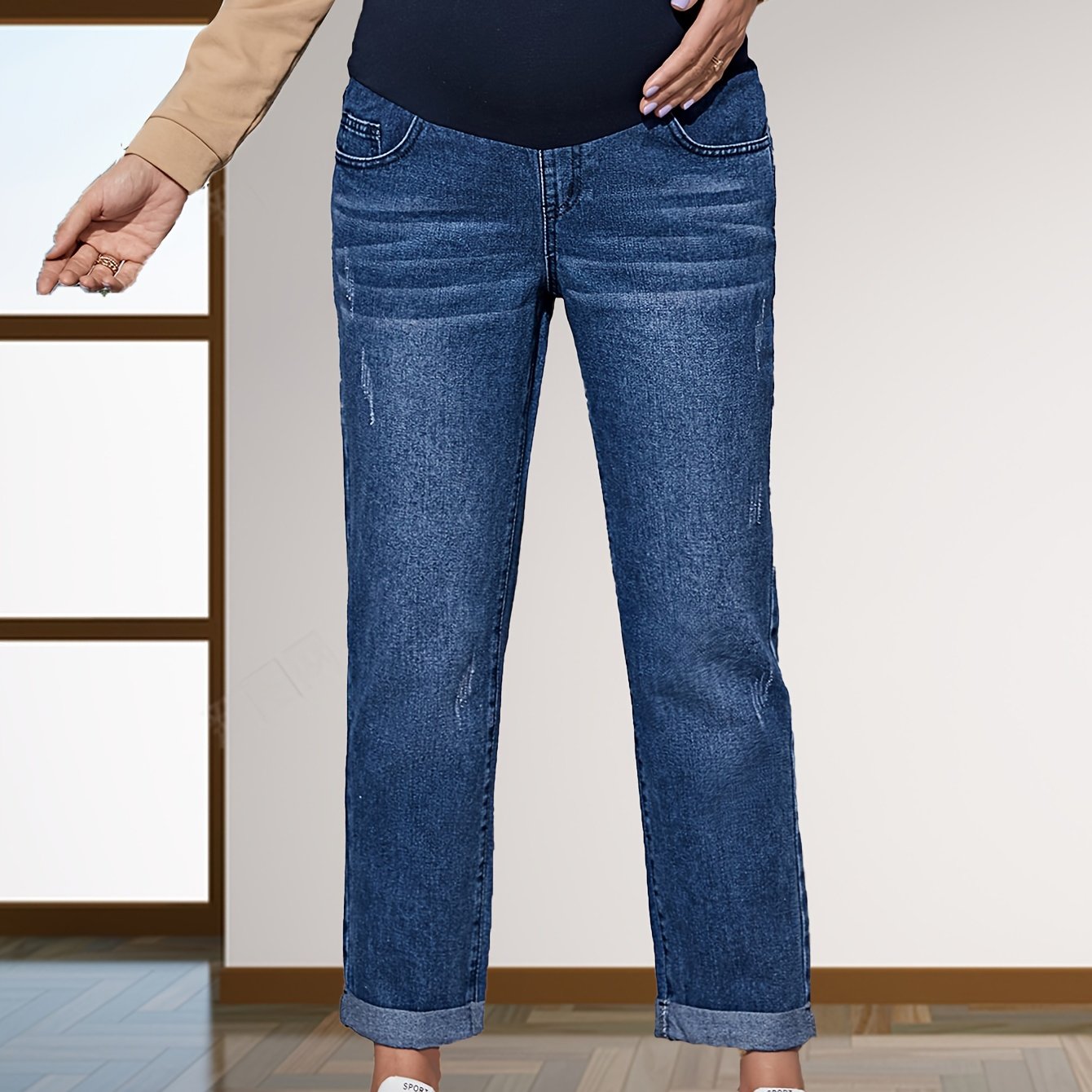 Women's Maternity Trendy Solid Ripped Denim Pants, Casual Fashion Pregnancy  Jeans For Outdoor