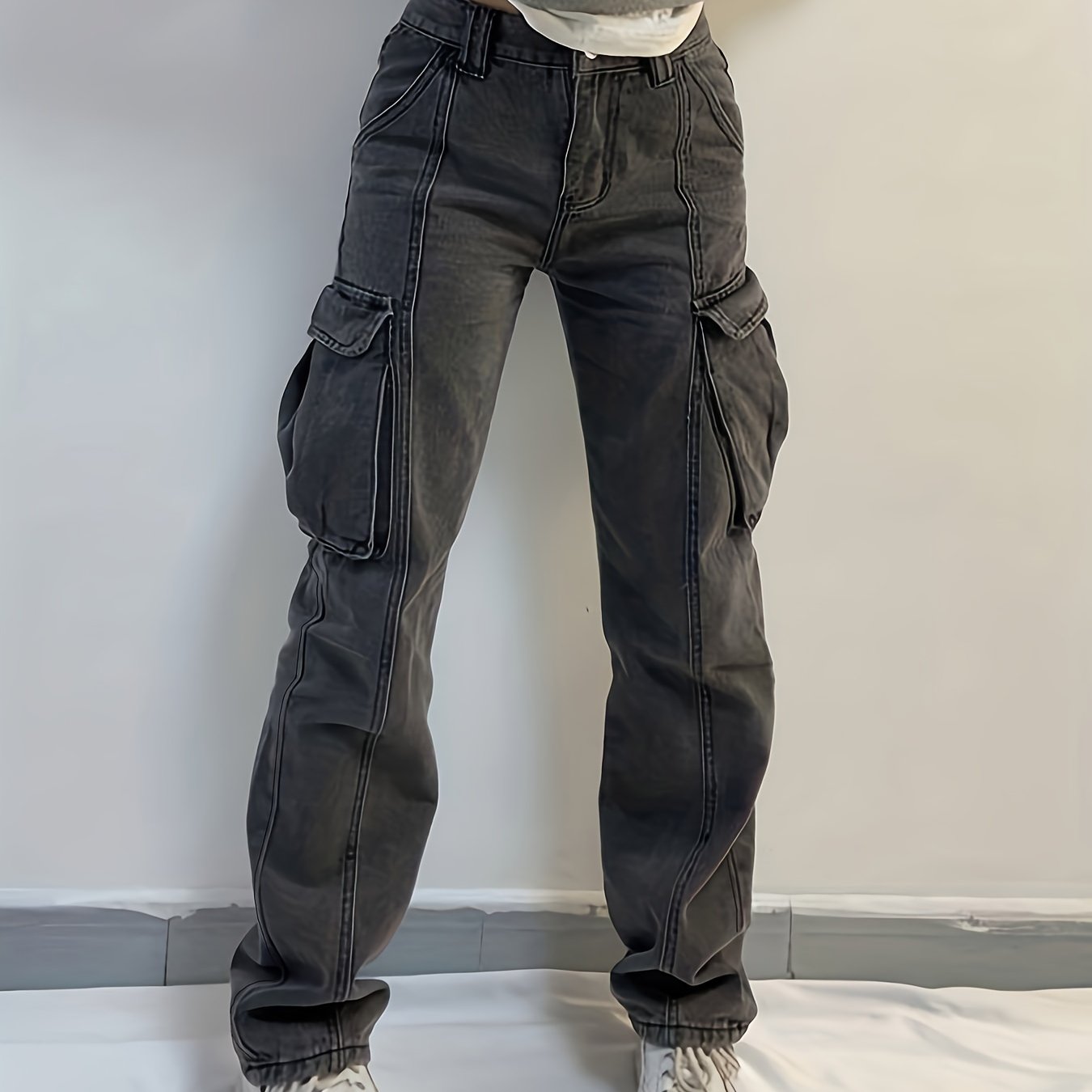 Grey Flap Pockets Cargo Pants Loose Fit Non stretch Y2k Kpop