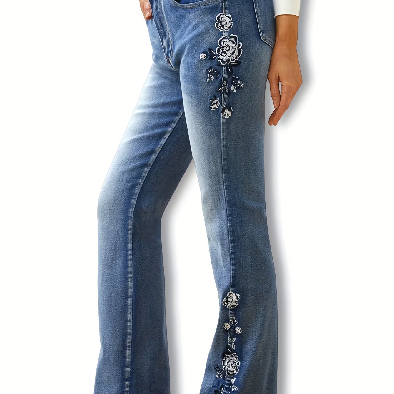 plus size casual jeans womens plus floral embroidery button fly flared leg jeans