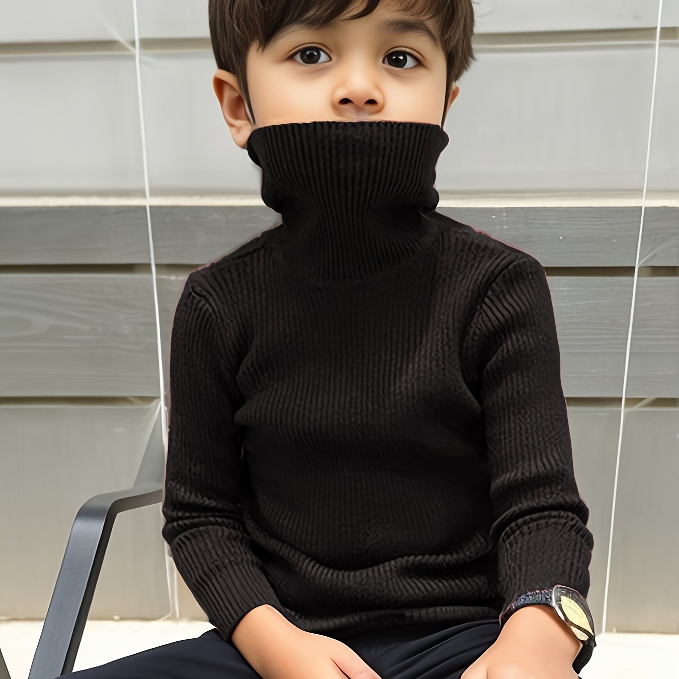 Image of Boys' Sweater Pullover High Neck Autumn Winter Fleece Thickened Clothing Older Baby Knit Sweater Warm Base Layer