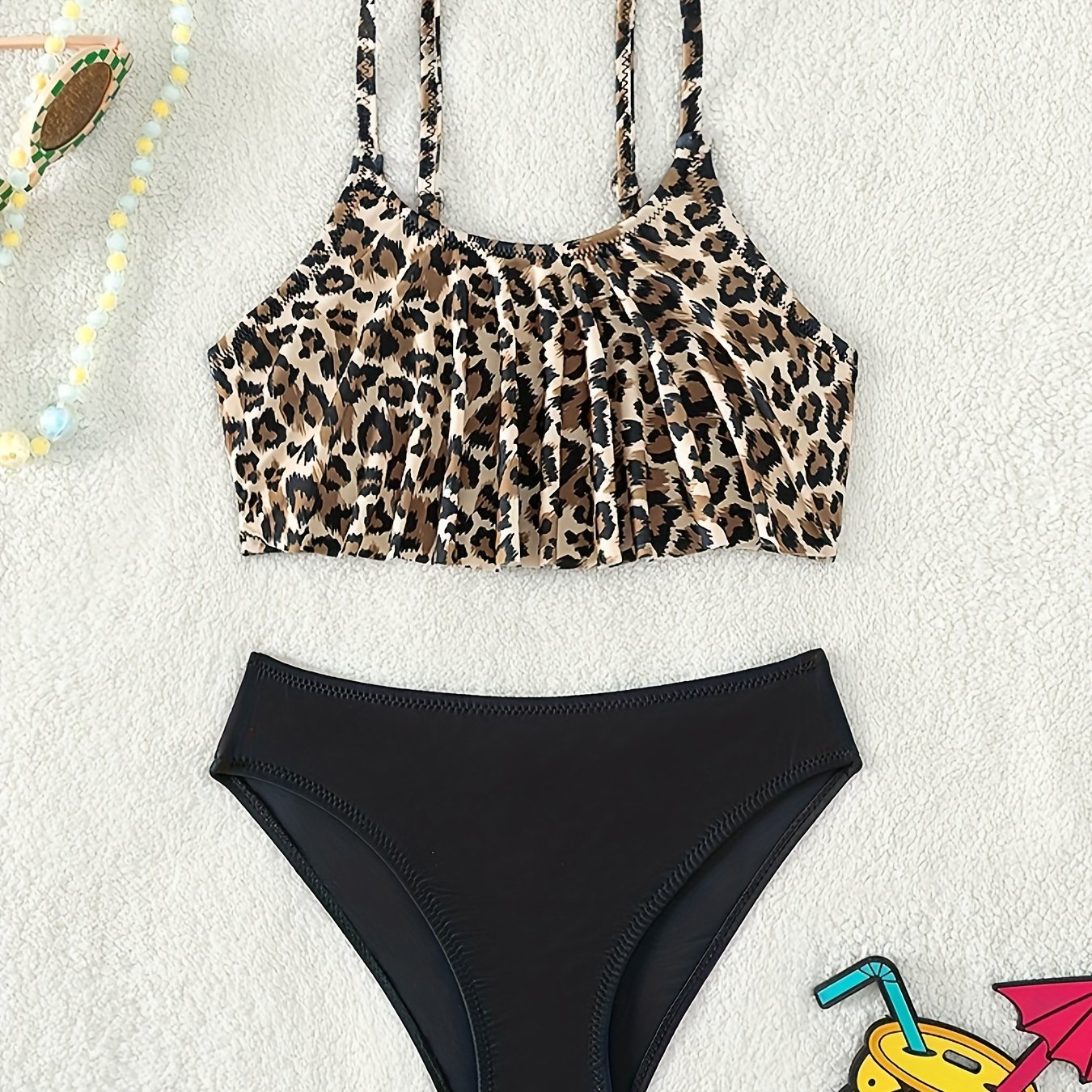 Leopard Print Ruffle Cute Split Swimsuit