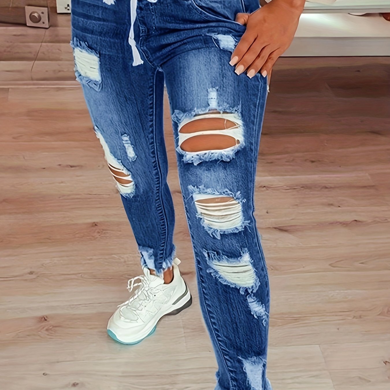Plus Size , Women's Plus Size Solid Ripped Trim Elastic Drawstring High-waist High-stretch Crop Jeans