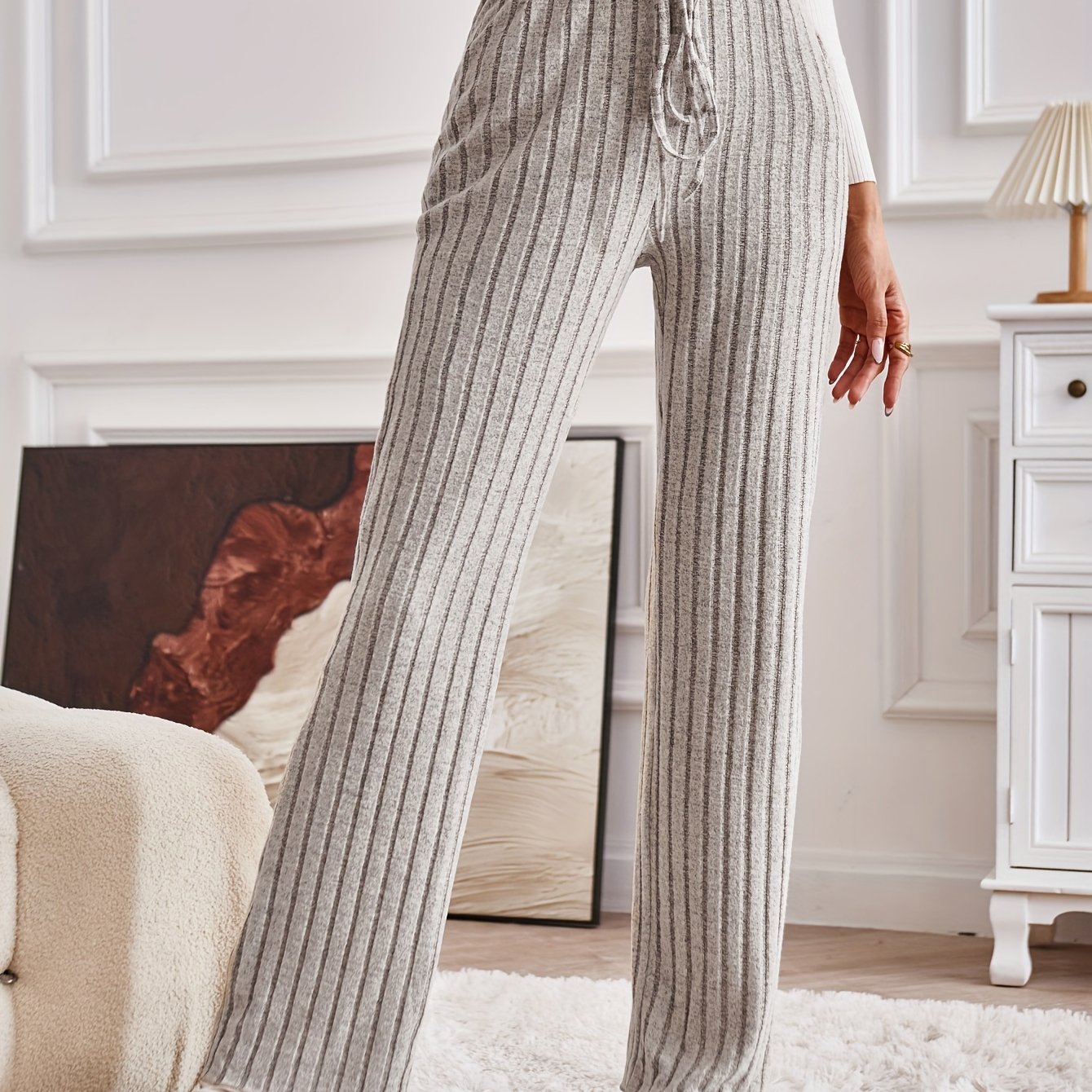 Solid High Waist Rib Knit Pants Casual Lettuce Hem Straight - Temu