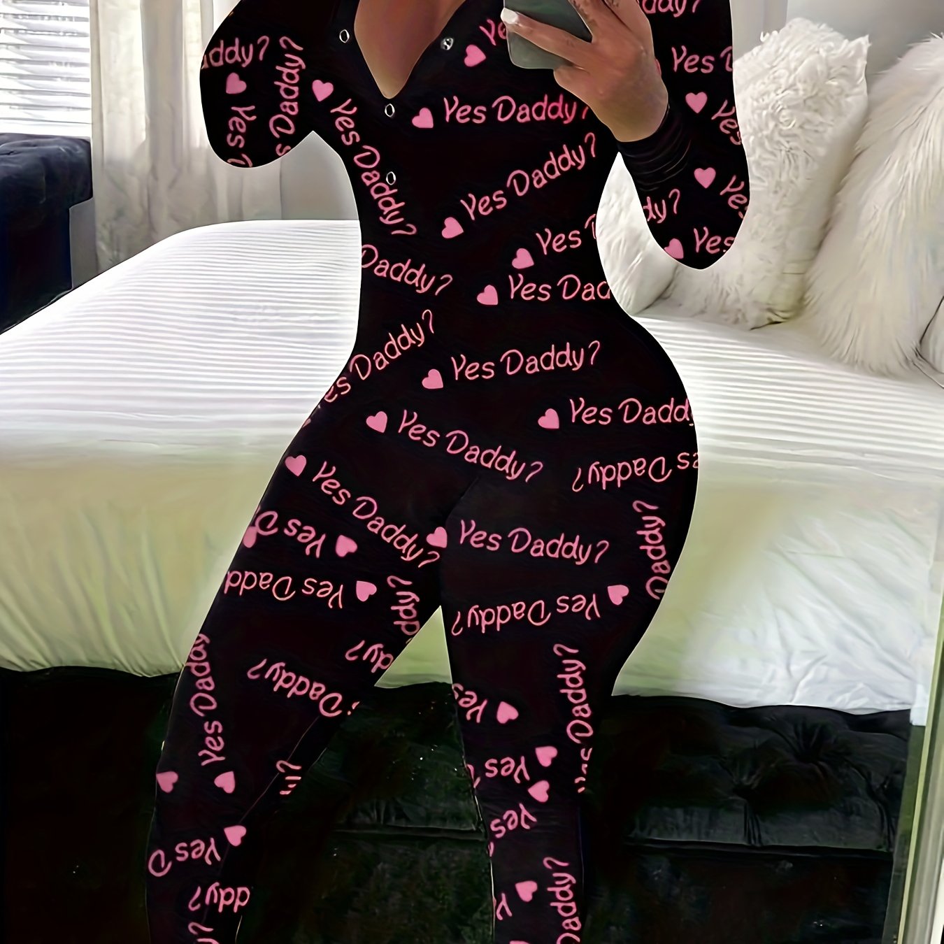 Yes Daddy Print Sexy Onesie for Women, Sleep Wear, Women