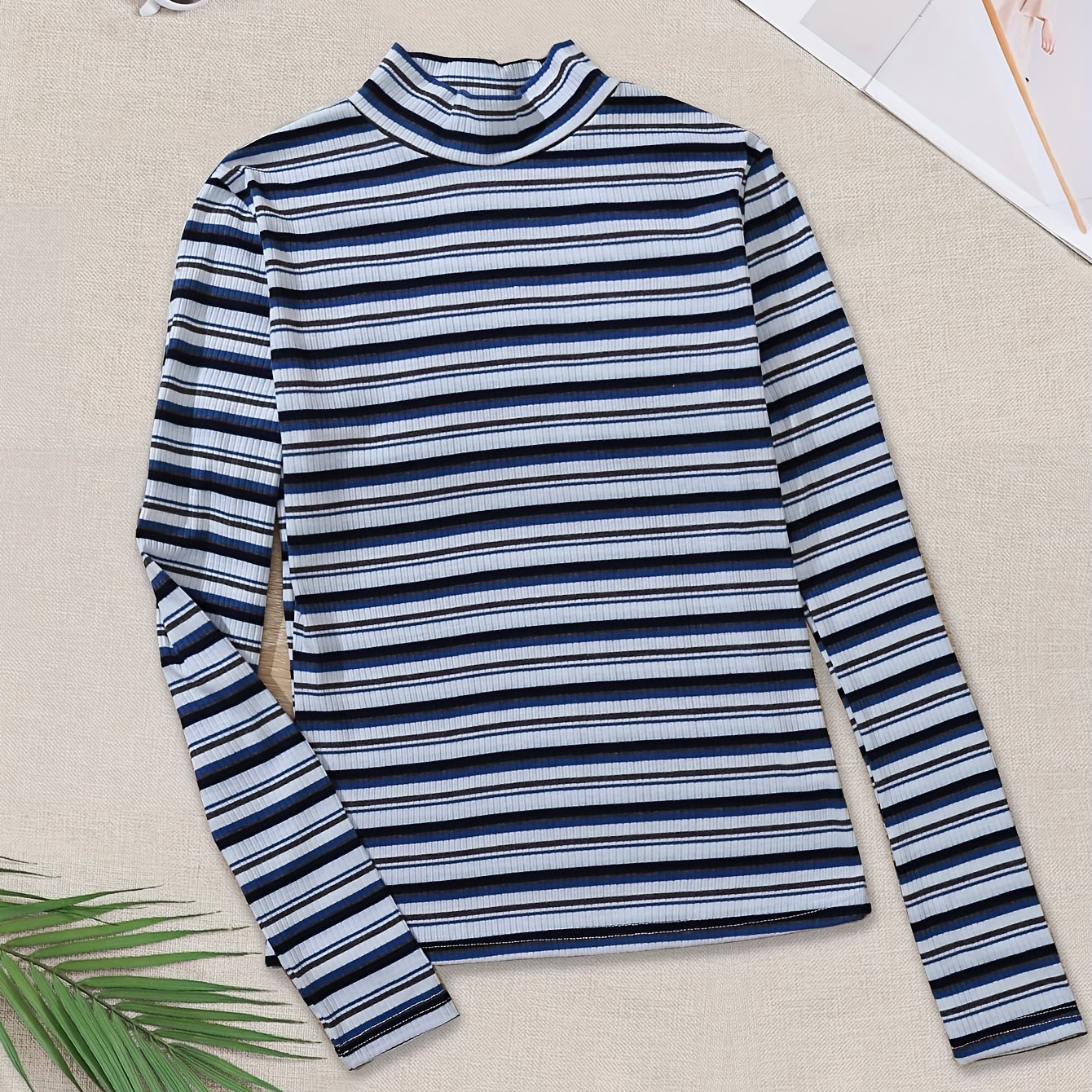 Colorful Stripe Pattern Mock Neck T-Shirt, Casual Long Sleeve Top For  Spring & Fall, Women's Clothing