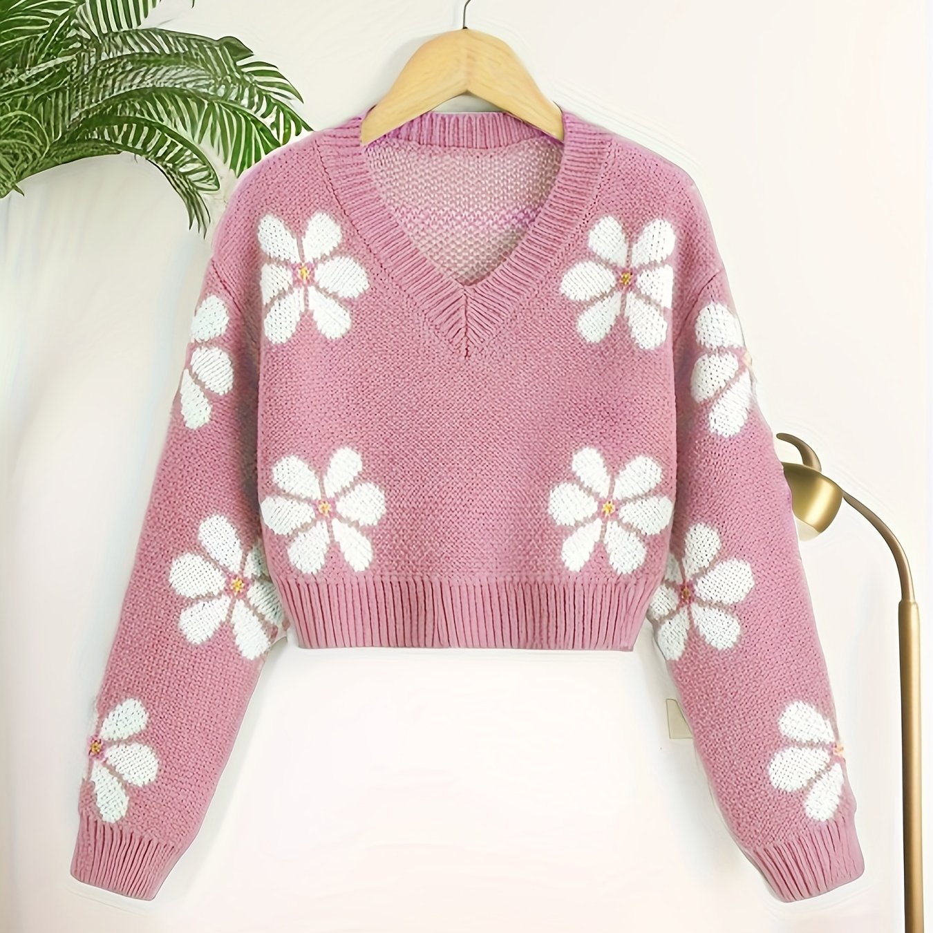 Floral Jacquard Girls Drop Shoulder V-neck Knitted Sweater For