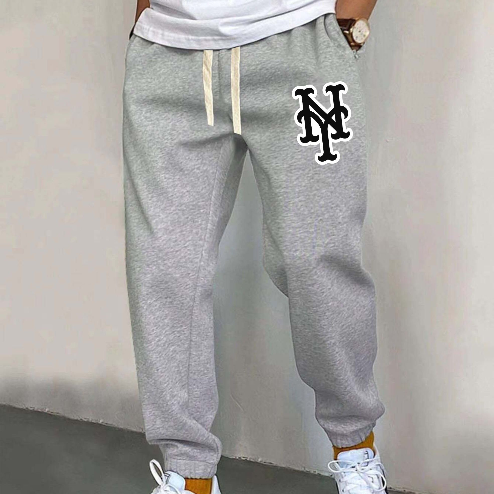 NEW YORK Pattern, Men's Drawstring Sweatpants, Pocket Casual Comfy Jogger  Pants, Mens Clothing For Autumn Winter