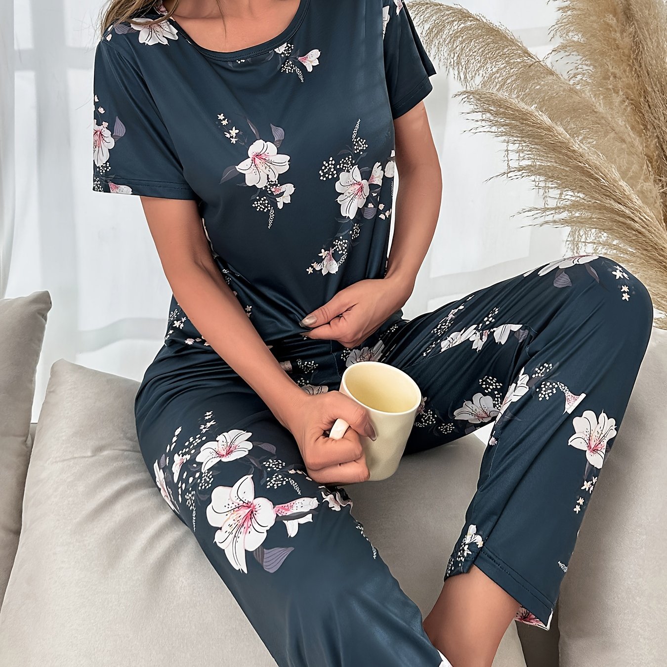 Image of Dark Green Pink Floral Short Long Set