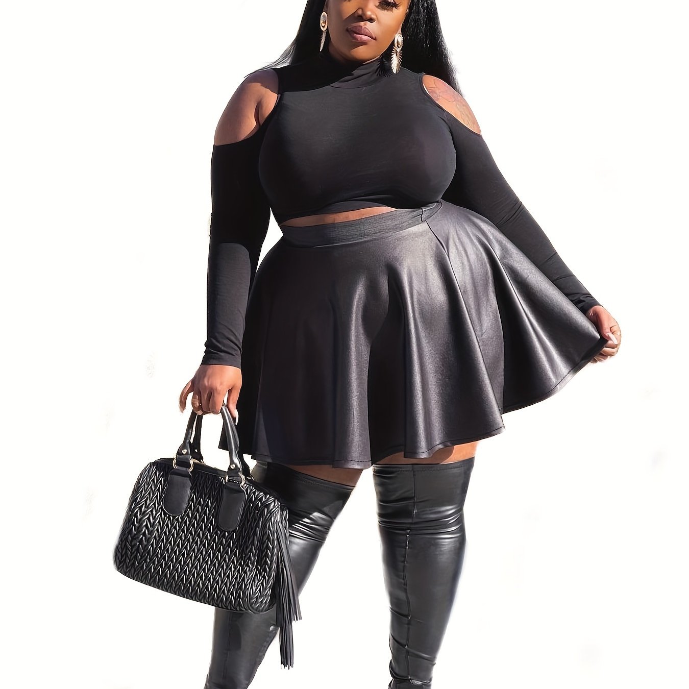 Plus Size Casual Skirt, Women's Plus Solid Waist Band A-line Faux Leather  Medium Stretch Mini Skirt