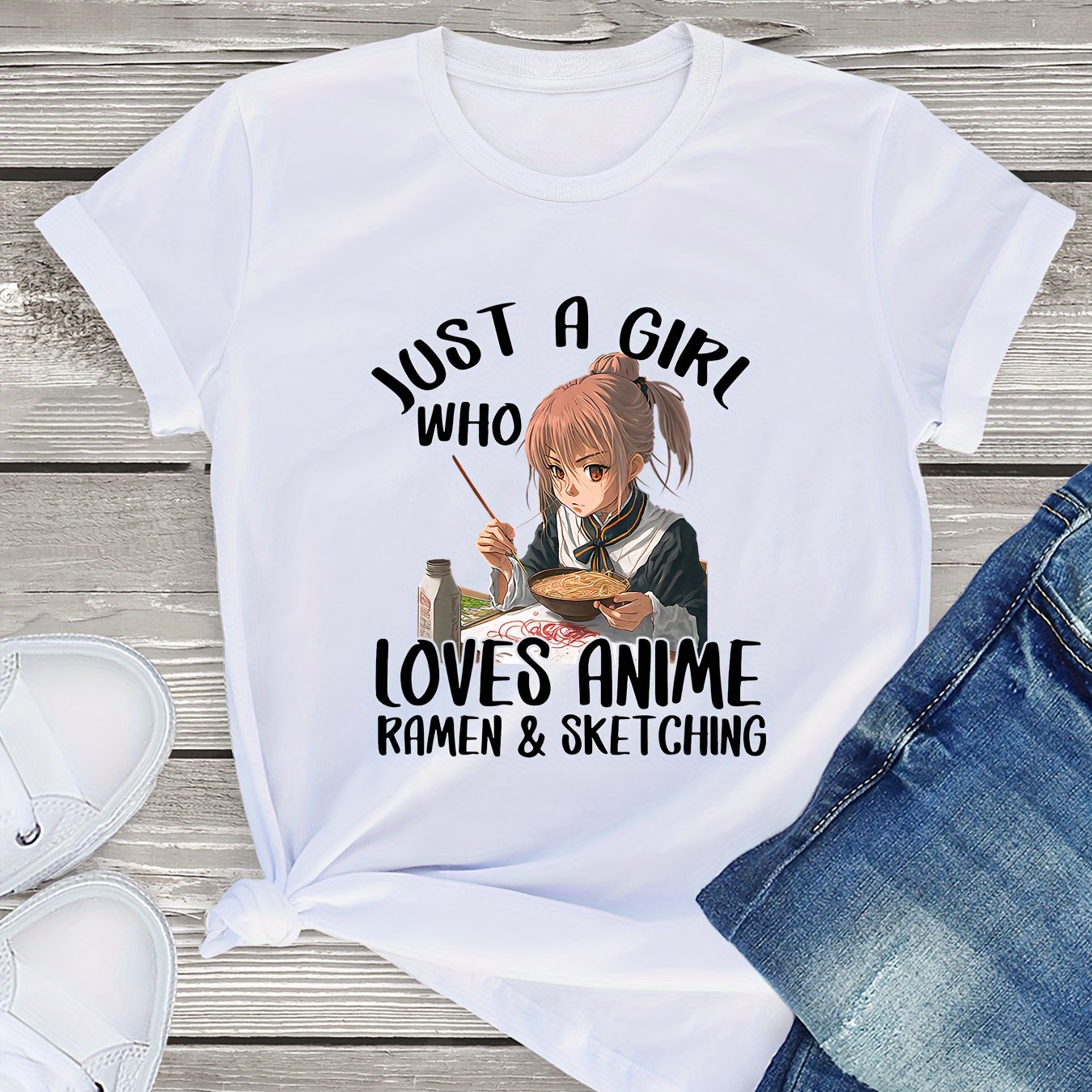 A Girl Loves Anime Ramen Skething Slogan Pattern Round Neck - Temu