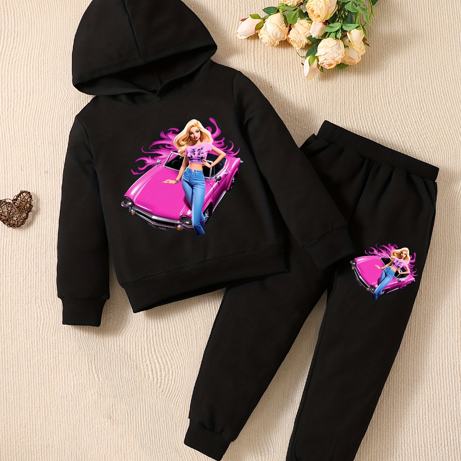 TEMU Ensemble Sweat-shirt À Capuche Et Pantalon Pour Petites Filles, Vêtements Et Confortables À Manches Longues, Motif de Dessin , Pour Et