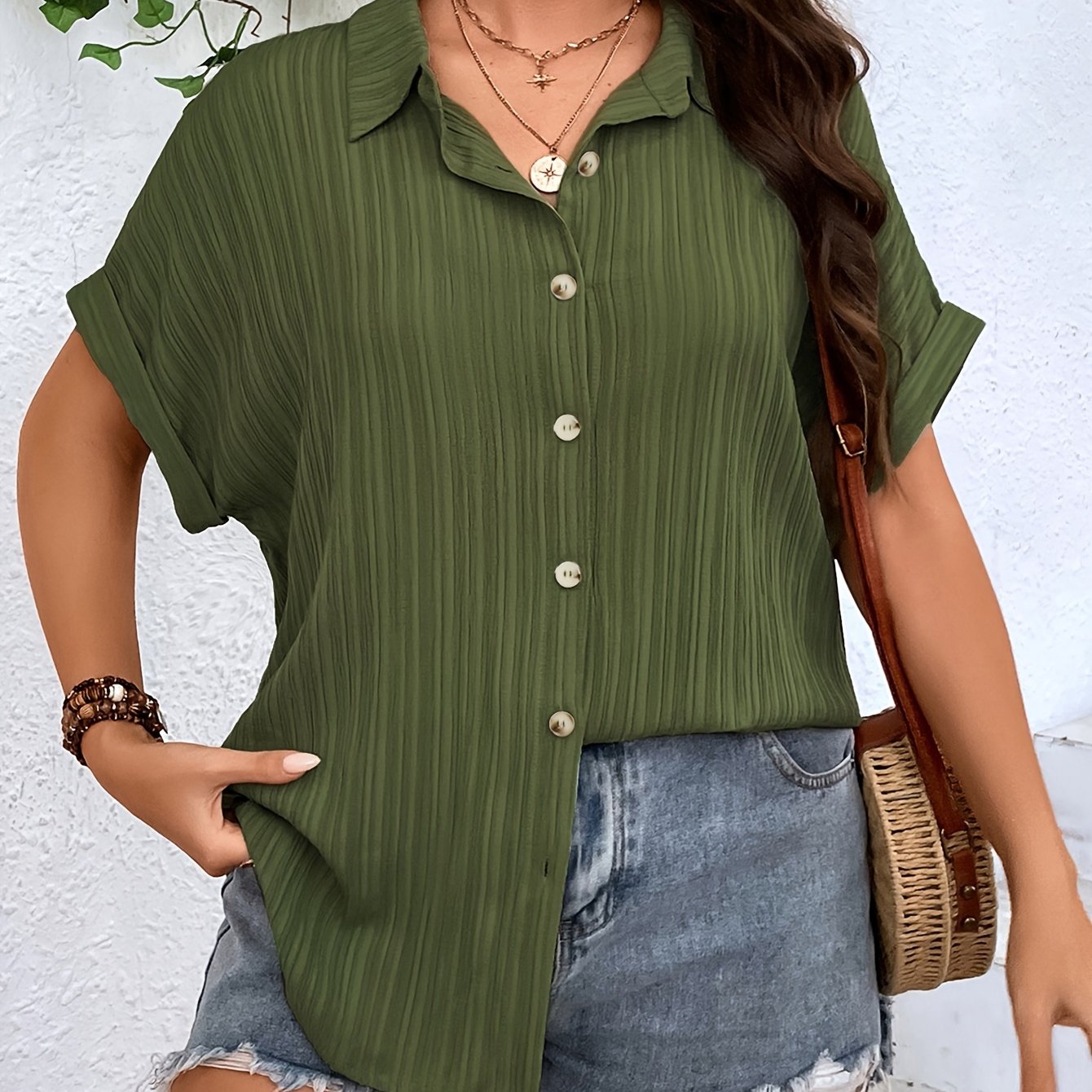 Image of Plus Size - Plus Size - Women's Plus Size Casual V-neck Batwing Short Sleeve Shirt For Work And Leisure, Striped Top