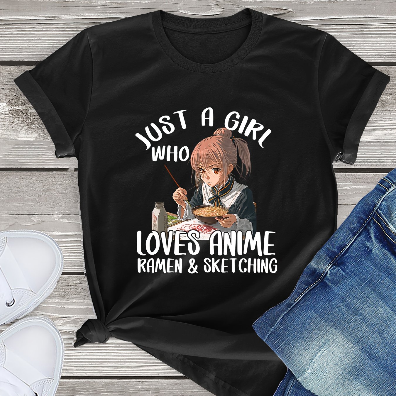 A Girl Loves Anime Ramen Skething Slogan Pattern Round Neck - Temu