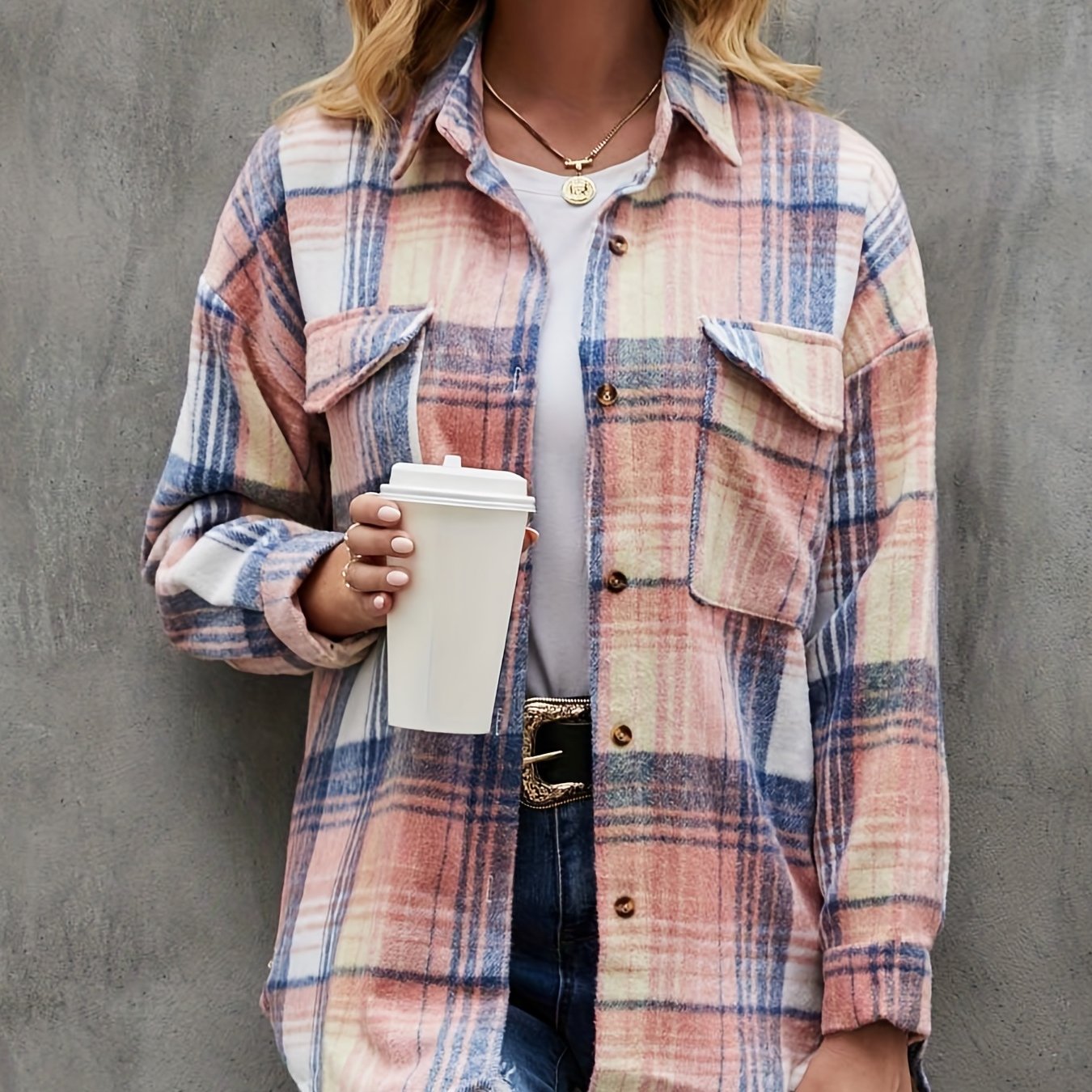 plaid print button front pocket shirt casual long sleeve shirt for spring fall womens clothing