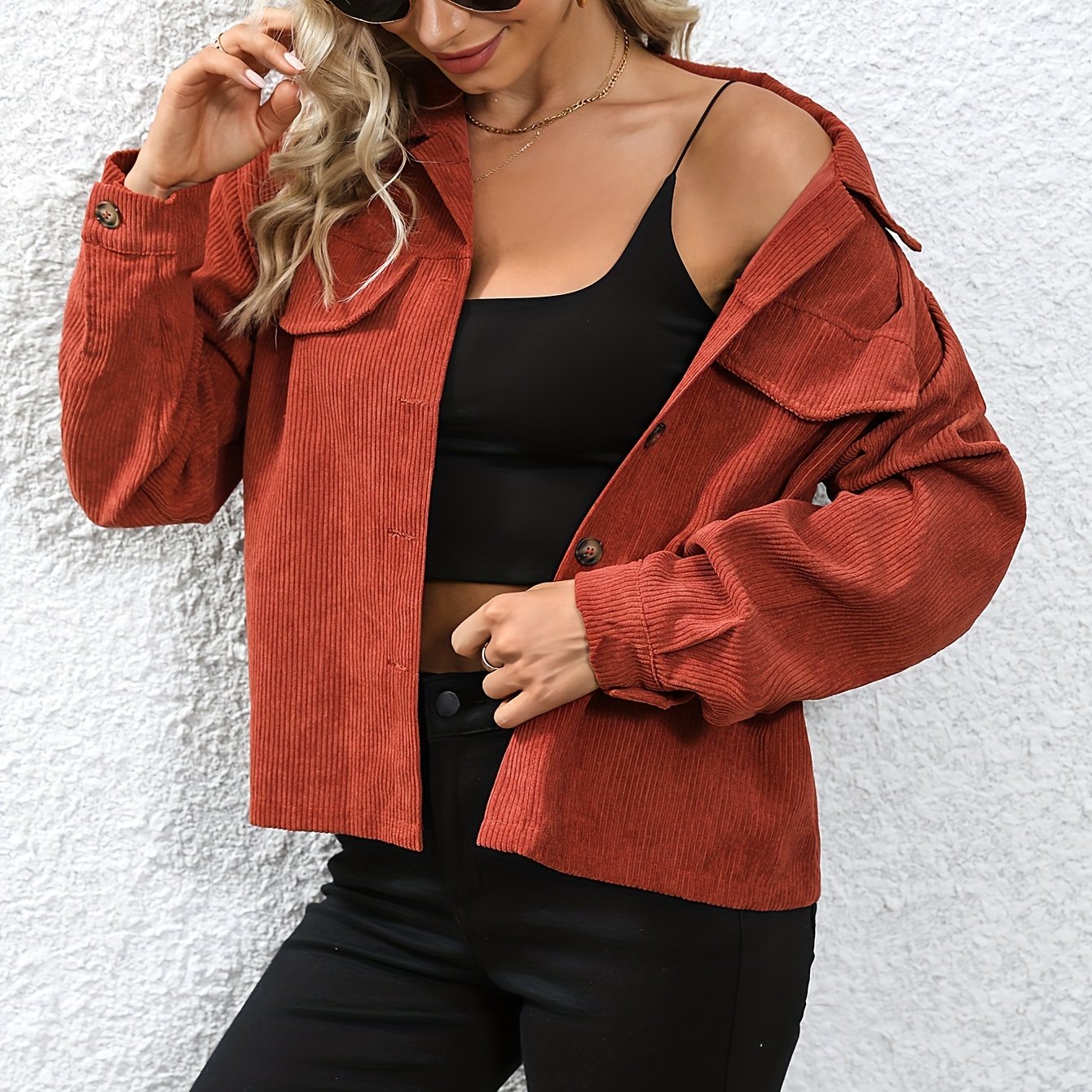 Solid Corduroy Button Front Jacket, Casual Long Sleeve Crop Jacket, Women's  Clothing