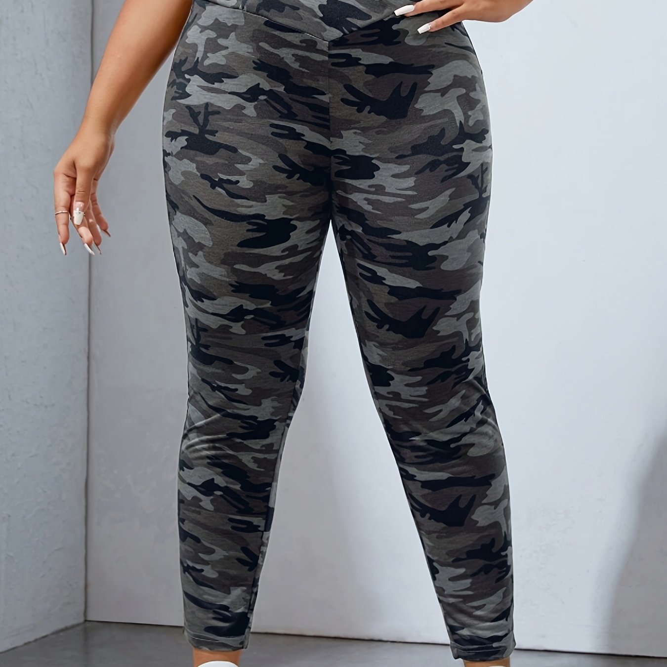 Plus Size Casual Leggings, Women's Plus Camo Elastic High Rise High Stretch  Leggings