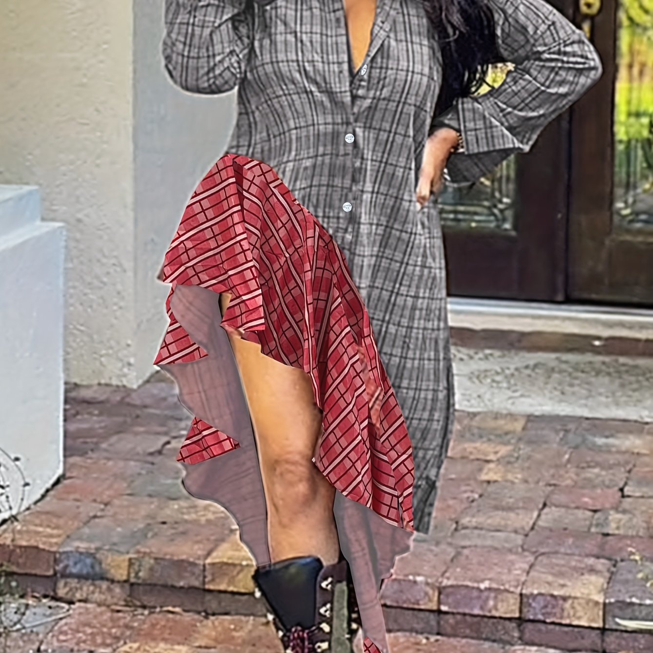 Plus Size Women's Long Sleeve Contrast Plaid Tunic Dress – MauriceAndreen