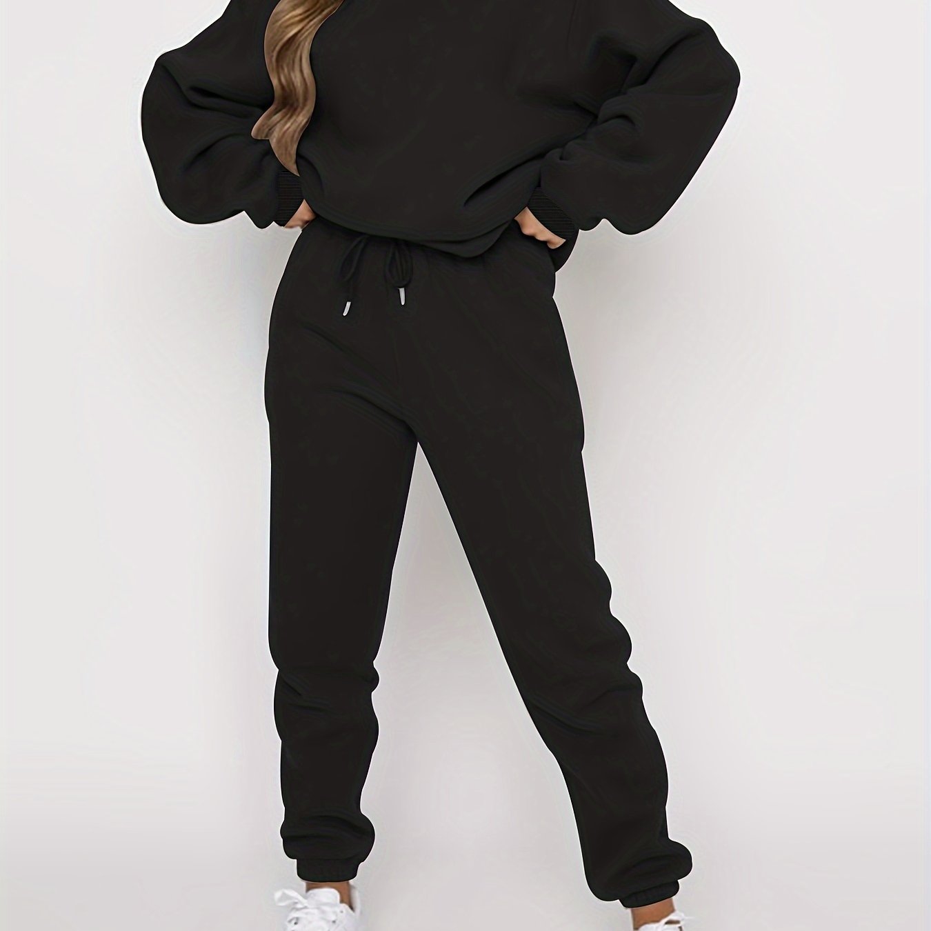 TEMU Women's Autumn And Winter Simple Solid Color Loose Pullover Sweatshirt + Solid Color Elastic Waist Drawstring Pants Casual Fashionable And