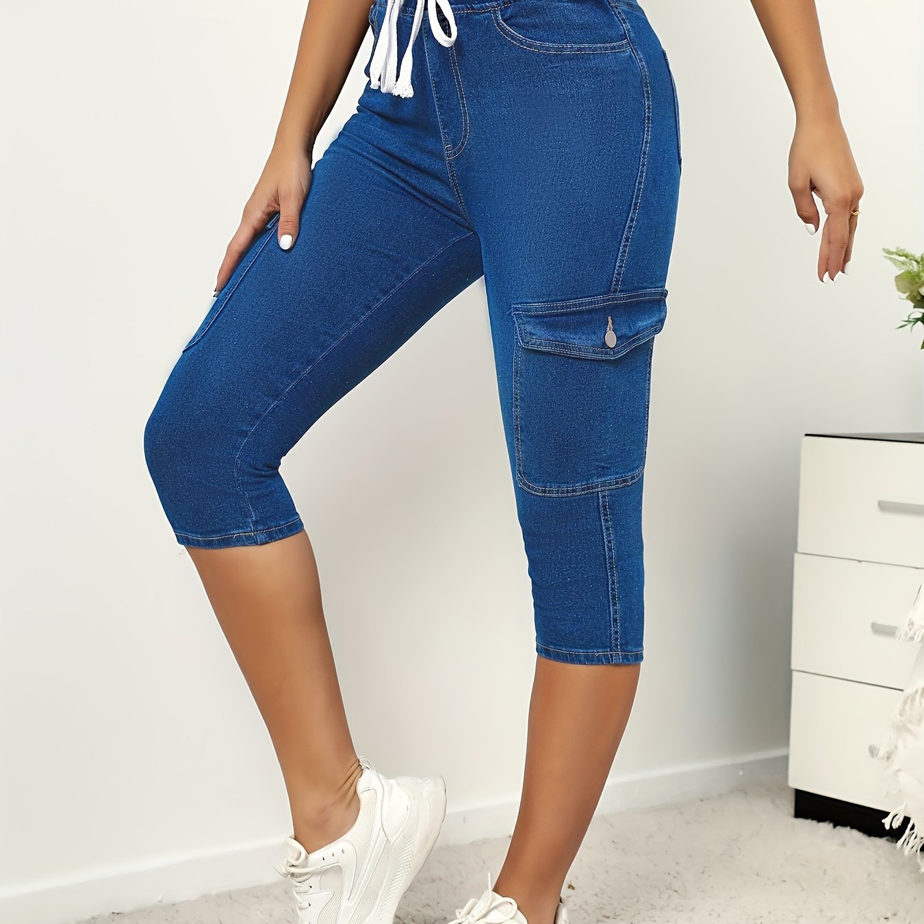 Blue Slight Stretch Capris Denim Jeans Slim Fit Side Single - Temu