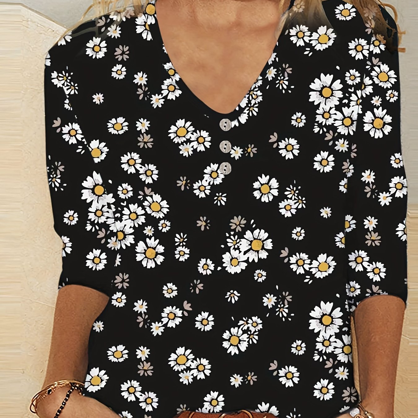 floral print button v neck t shirt casual long sleeve top for spring fall womens clothing