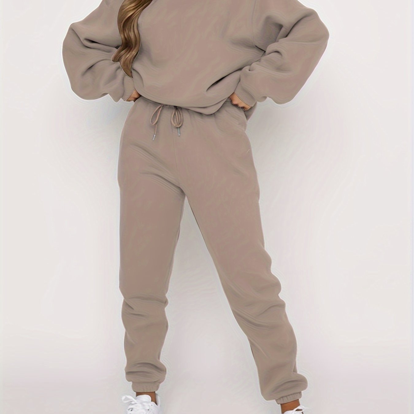 E-shop Damen Herbst und Winter Einfacher einfarbiger lockerer Pullover Sweatshirt + einfarbige Hose mit elastischem Bund und Kordelzug, lässige,
