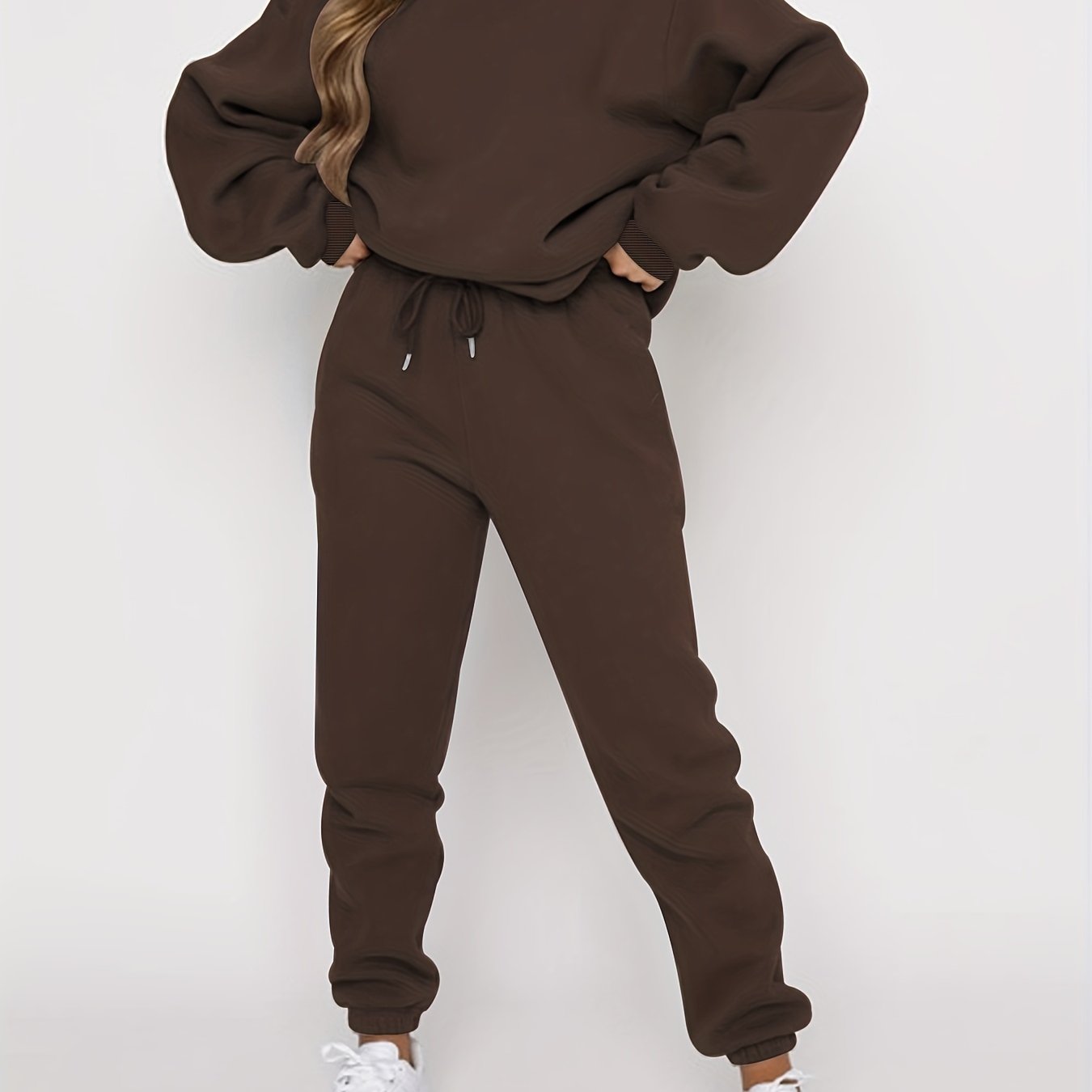 TEMU Women's Autumn And Winter Simple Solid Color Loose Pullover Sweatshirt   Solid Color Elastic Waist Drawstring Pants Casual Fashionable And