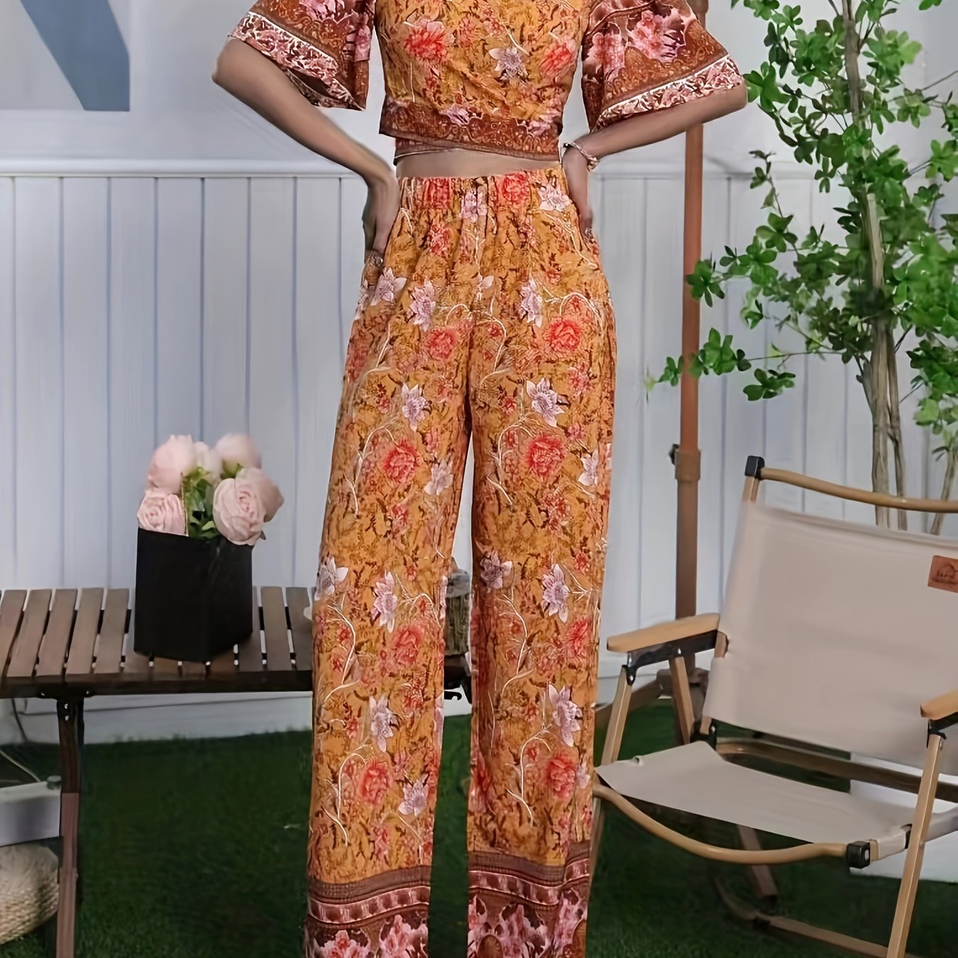 Boho Floral Print Two piece Set Wide Leg Pants Surplice Neck - Temu