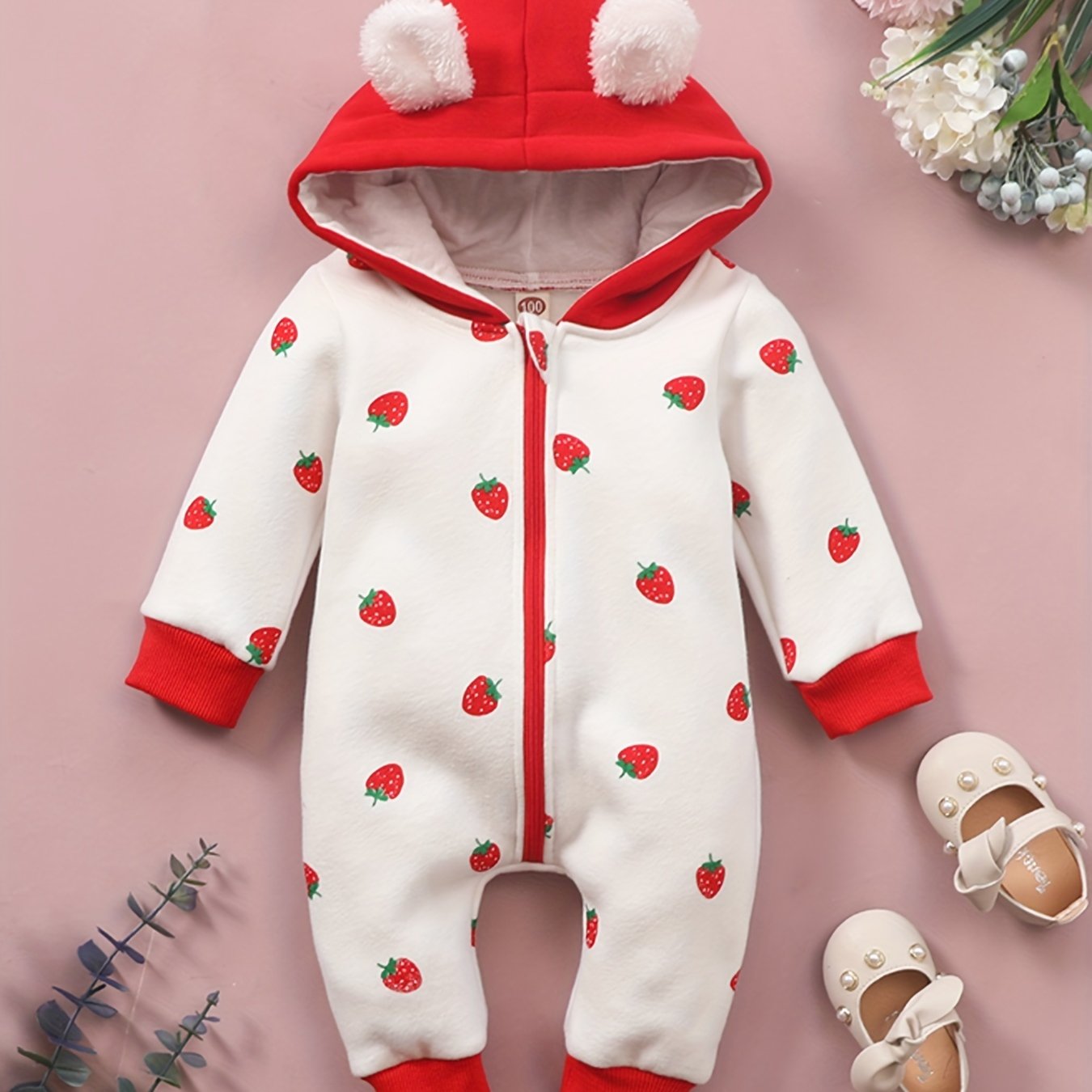 Heart or Strawberry Allover 3D Ear Decor Hooded Long-sleeve Baby Jumpsuit