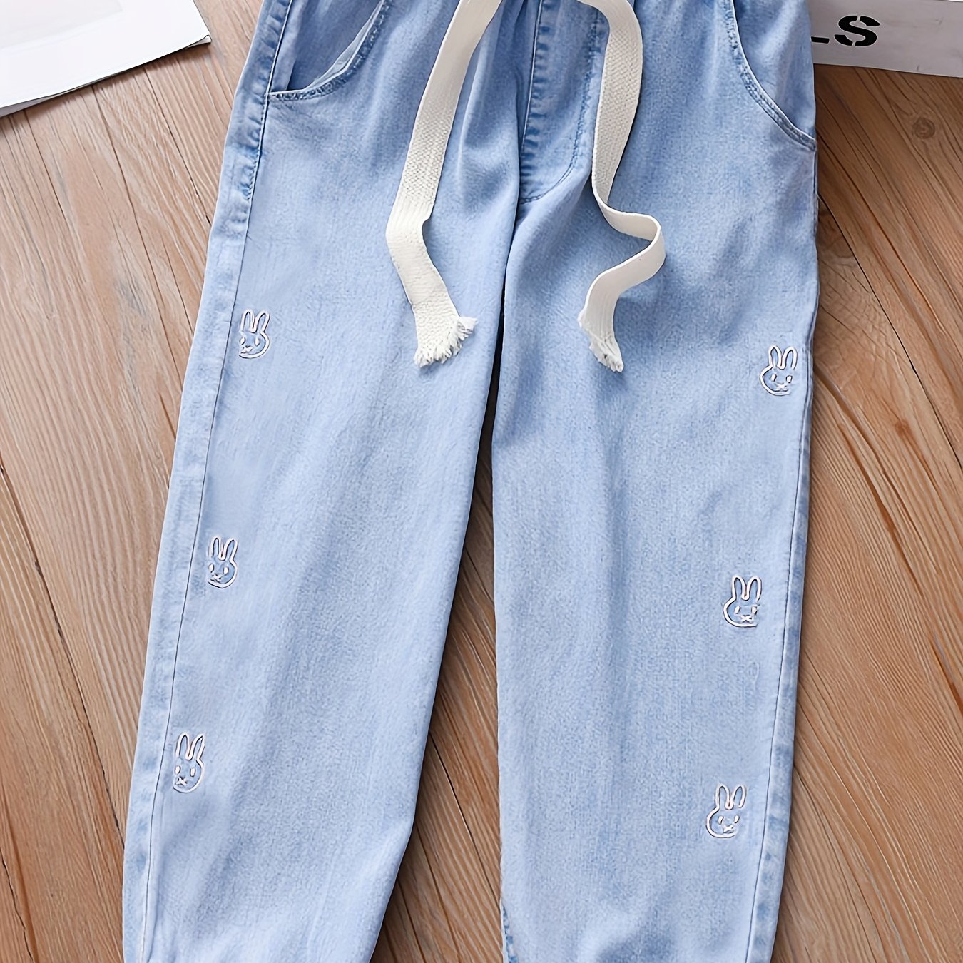 Girls Cartoon Embroidered Jeans Cute Kids Casual Denim Pants, Trousers for Spring and Autumn,Temu