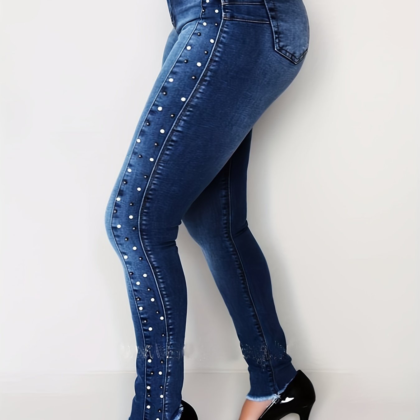 High-waisted Push-up Skinny Pants With Studs, Beads, And High Elasticity For A Lifted Effect Denim Jeans