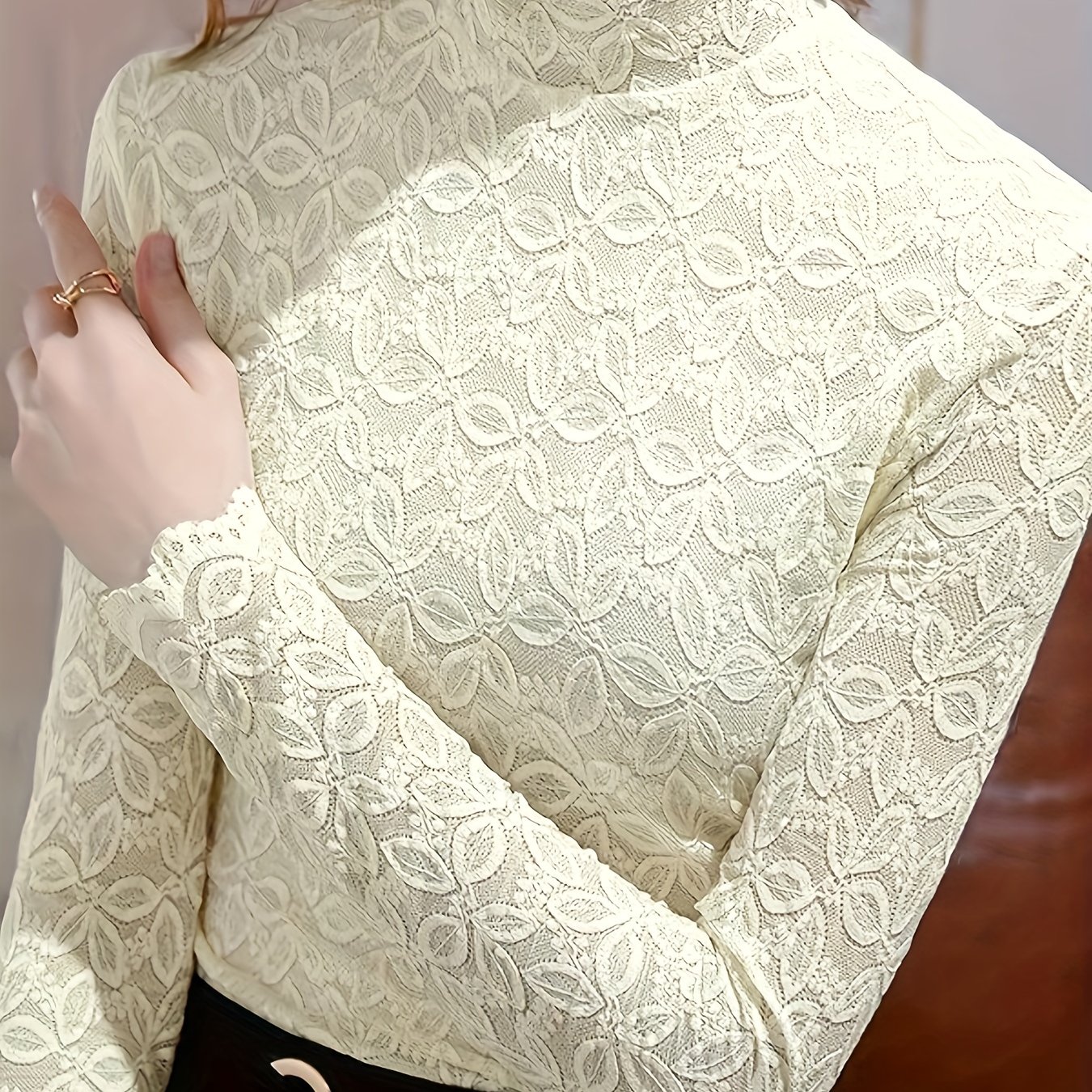 Contrast Lace Slim Blouse, Elegant Mock Neck Long Sleeve Blouse, Women's  Clothing