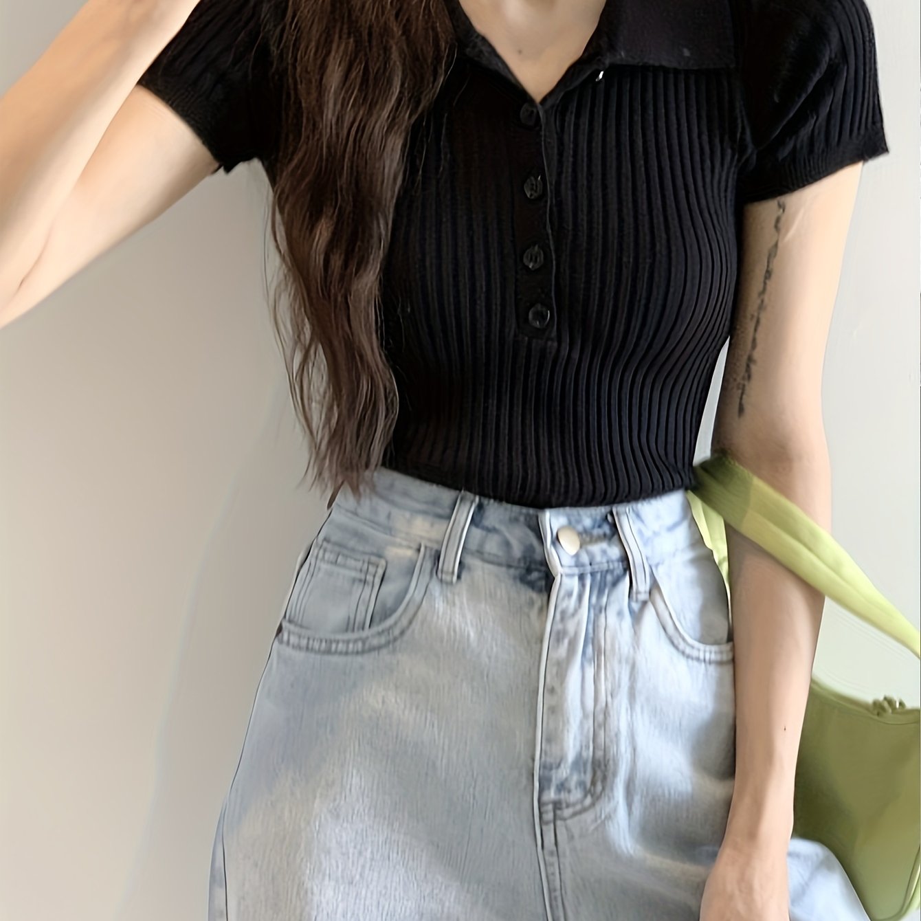TEMU Short-sleeved Shirt, Solid Color, Short Top, Women's Summer Collar, High-waisted Ribbed T-shirt, Elastic Tight Top, Pullover Base Shirt, Thin