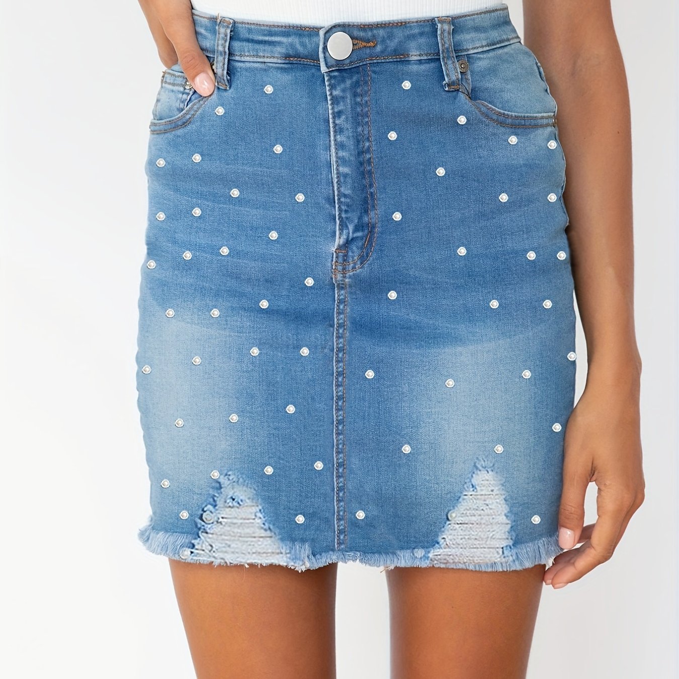 Blue Pearl Decor Denim Skirt Hem *-Stretch Slant Pockets Denim Skirt,  Women's Denim Clothing