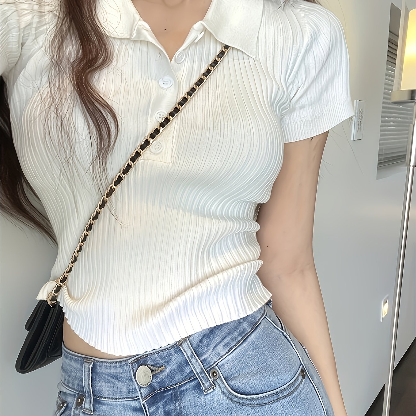 E-shop Kurzarmhemd, Unifarben, Kurze Oberteil, Damen Sommer Polo Kragen, Hochtailliertes Rippstrick T-Shirt, Elastisches, eng anliegendes Oberteil,