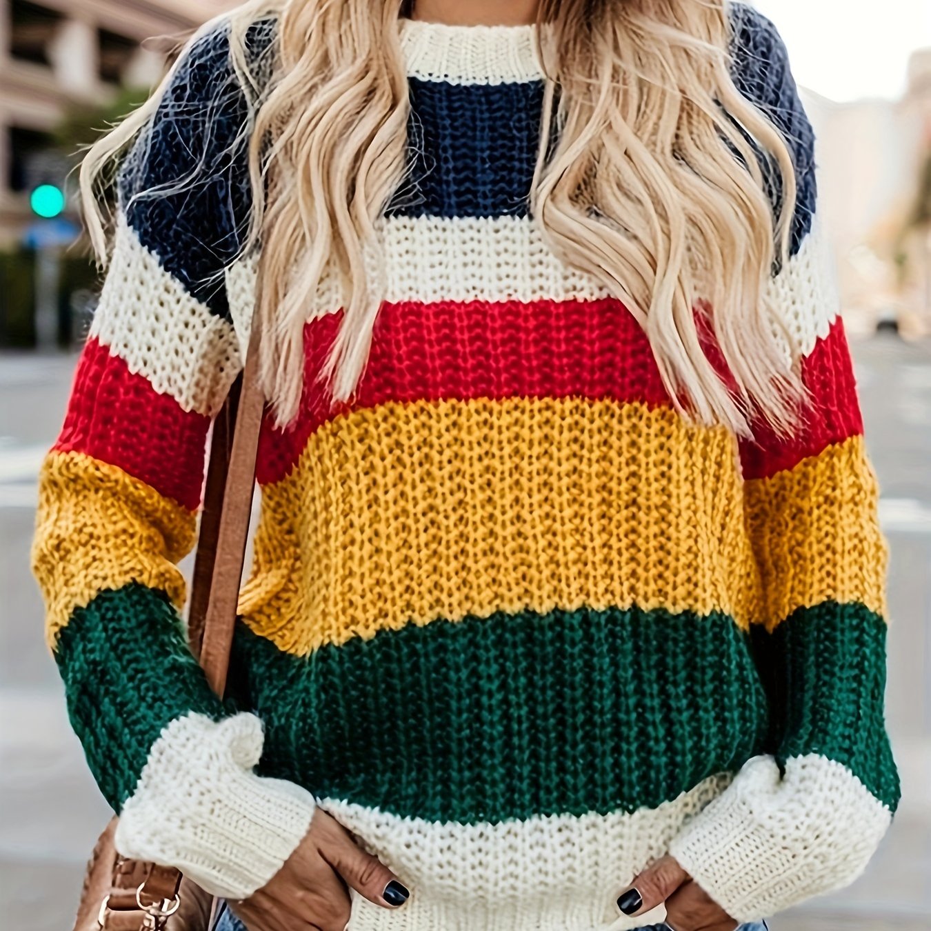 Image of 2023 Autumn Winter New Women's Casual Color Block Striped Pullover Sweater - Round Neck Long Sleeve Regular With Medium Stretch, Versatile Wardrobe Staple, Cute Sweater, Mediumstretch Fabric