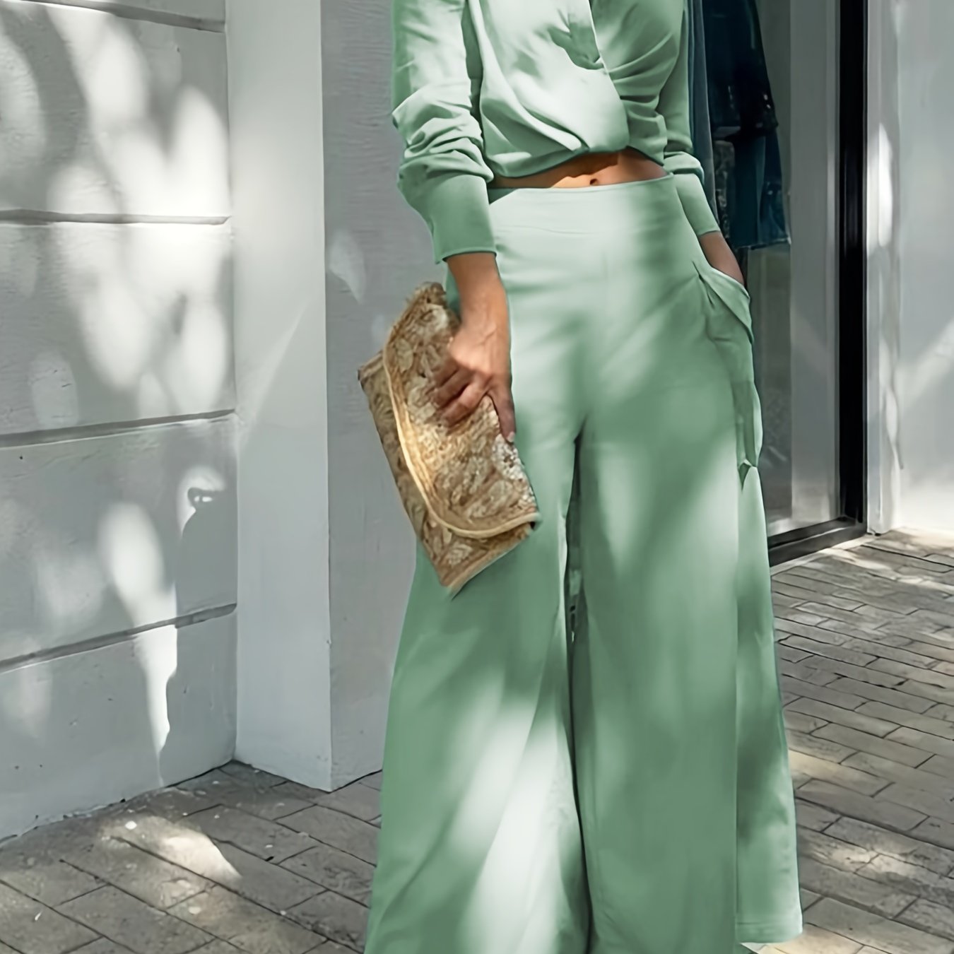 ZJYT Elegant Green Blouse and Pant Sets Matching 2 Piece Women