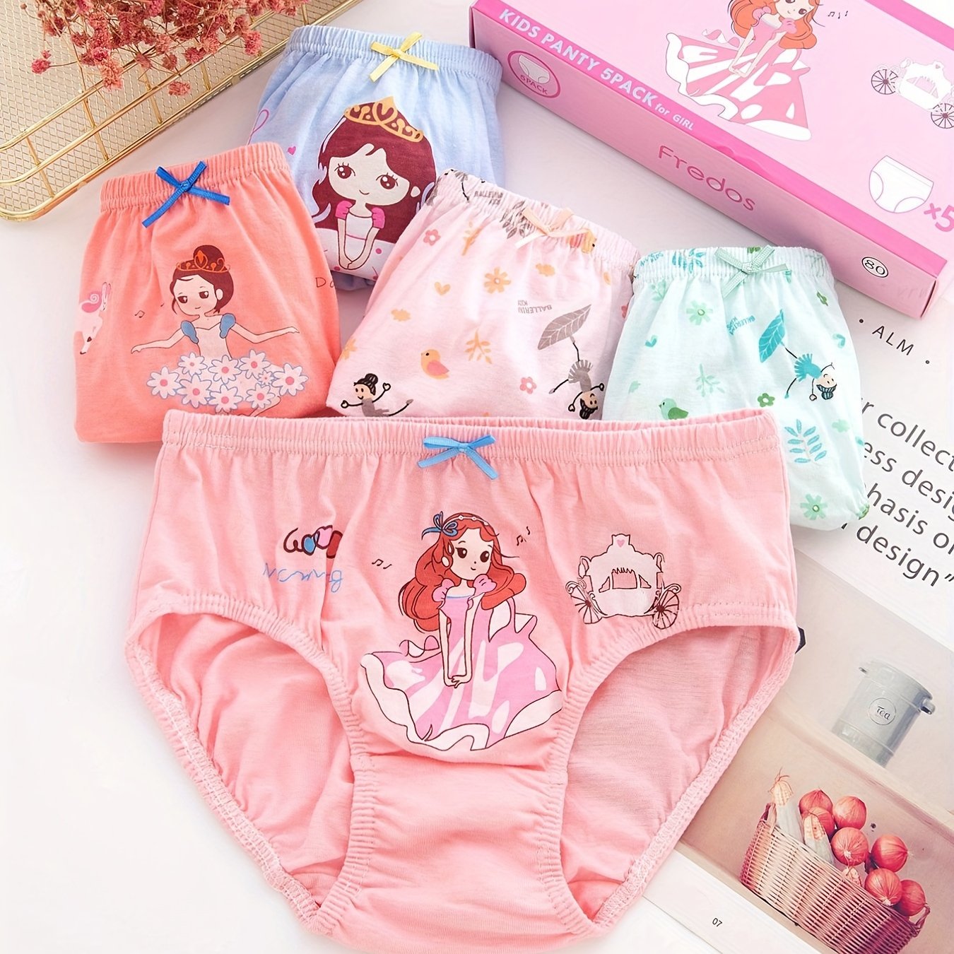 5pcs Girl's Breathable Cotton Briefs, Cartoon Floral & Bunny Pattern  Panties, Comfy Kid's Underwear