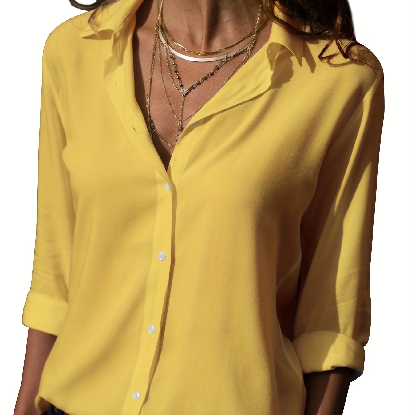 TEMU Versatile Solid Shirt, Casual Button Front Long Sleeve Collar Shirt, Women's Clothing