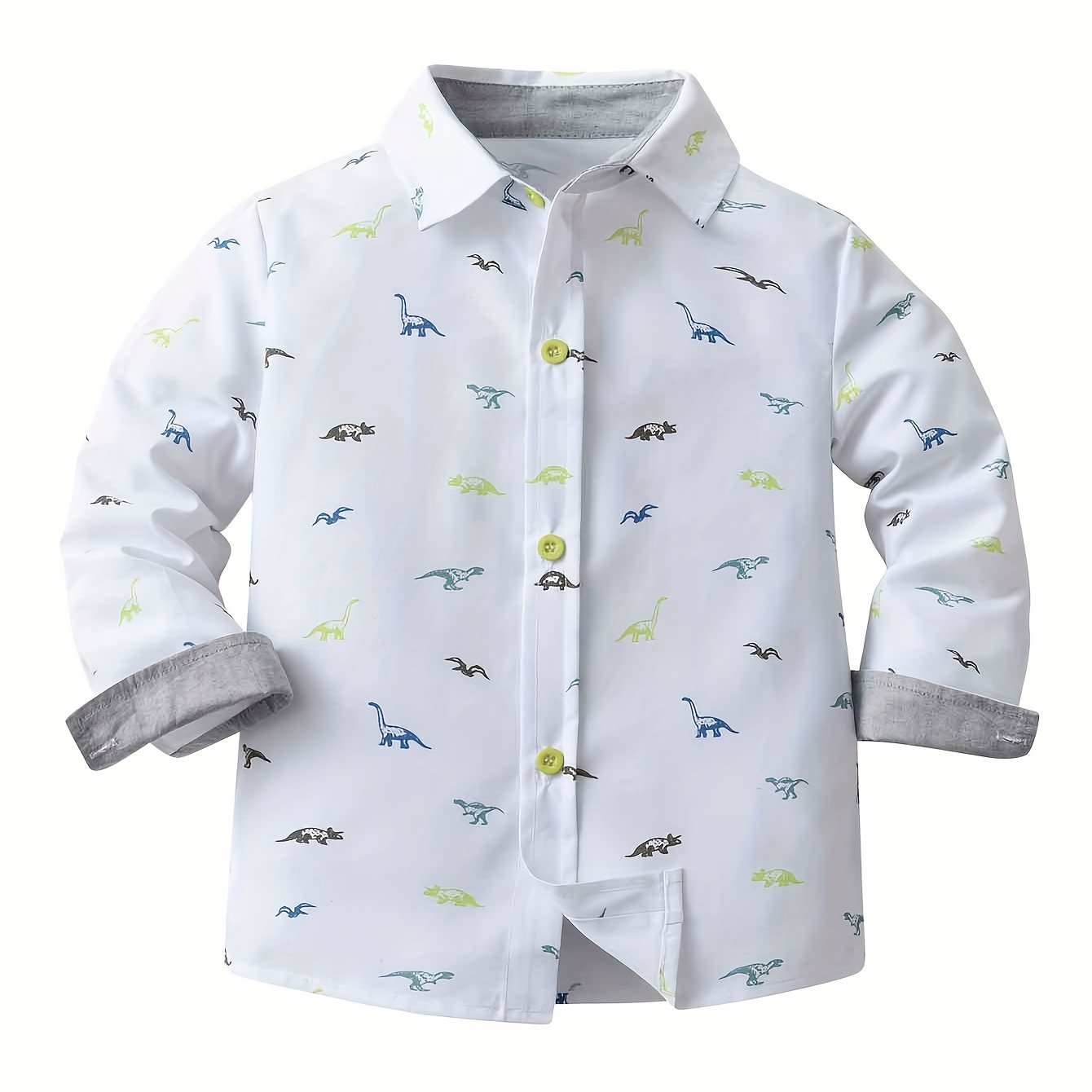 Image of Boys' Stylish New Autumn/winter Long-sleeve Shirt, Creative Dinosaur Print Long-sleeve Dress Shirt, Formal Dress Shirt, Casual Party Cardigan With Colorful Print On White Shirt