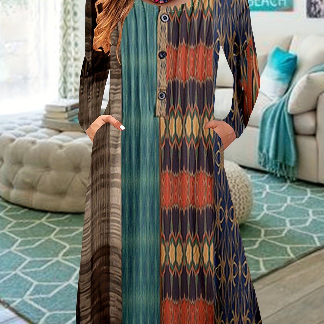 ethnic print midi dress casual button front long sleeve dress womens clothing