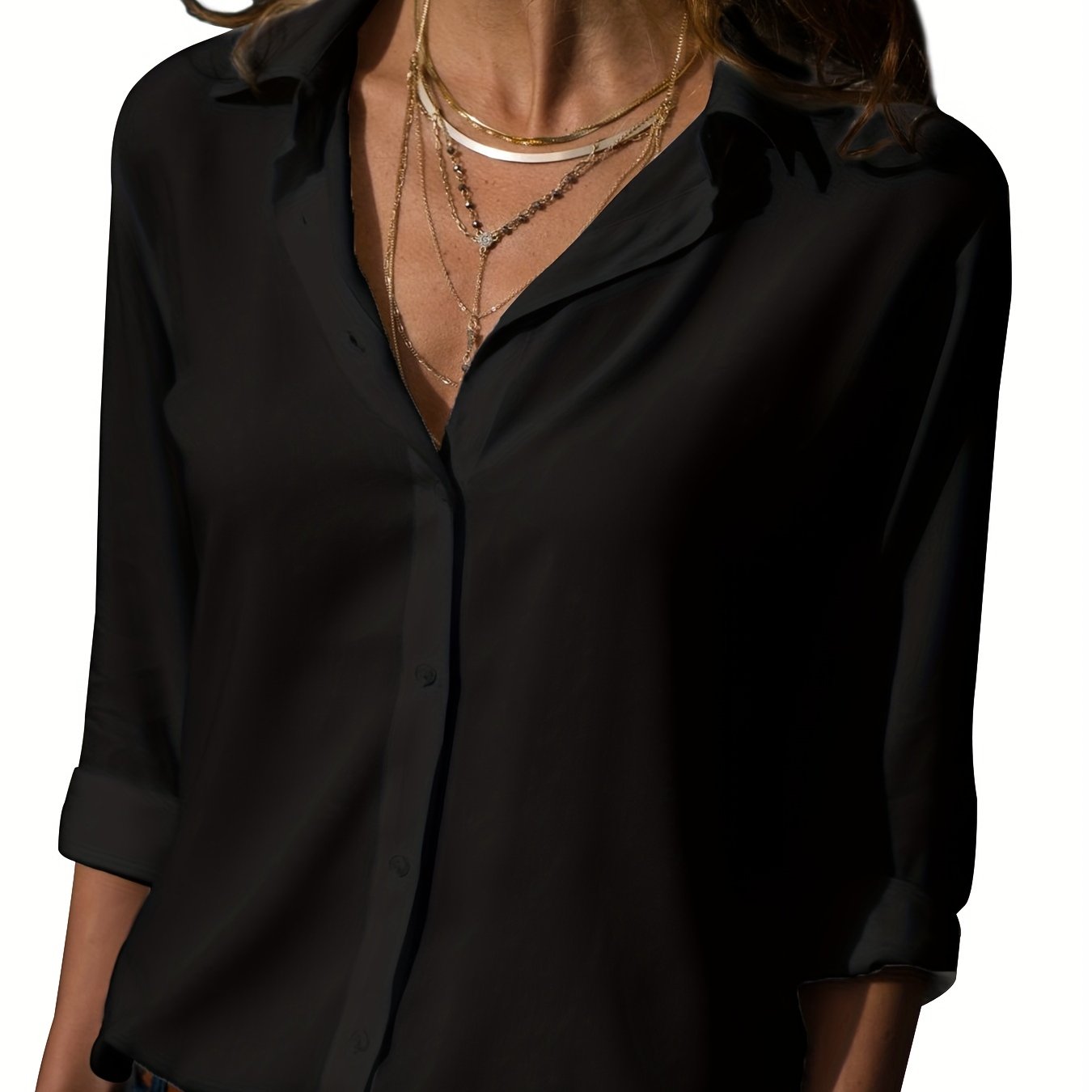 Image of Versatile Solid Shirt, Casual Button Front Long Sleeve Collar Shirt, Women's Clothing