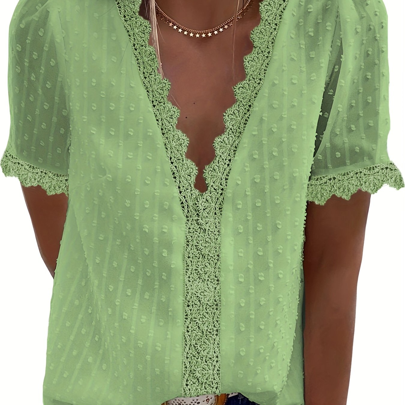 Slub Cotton Scallop V neck Blouse with Lining , Light Green, BH1205 –  Scarlet Thread