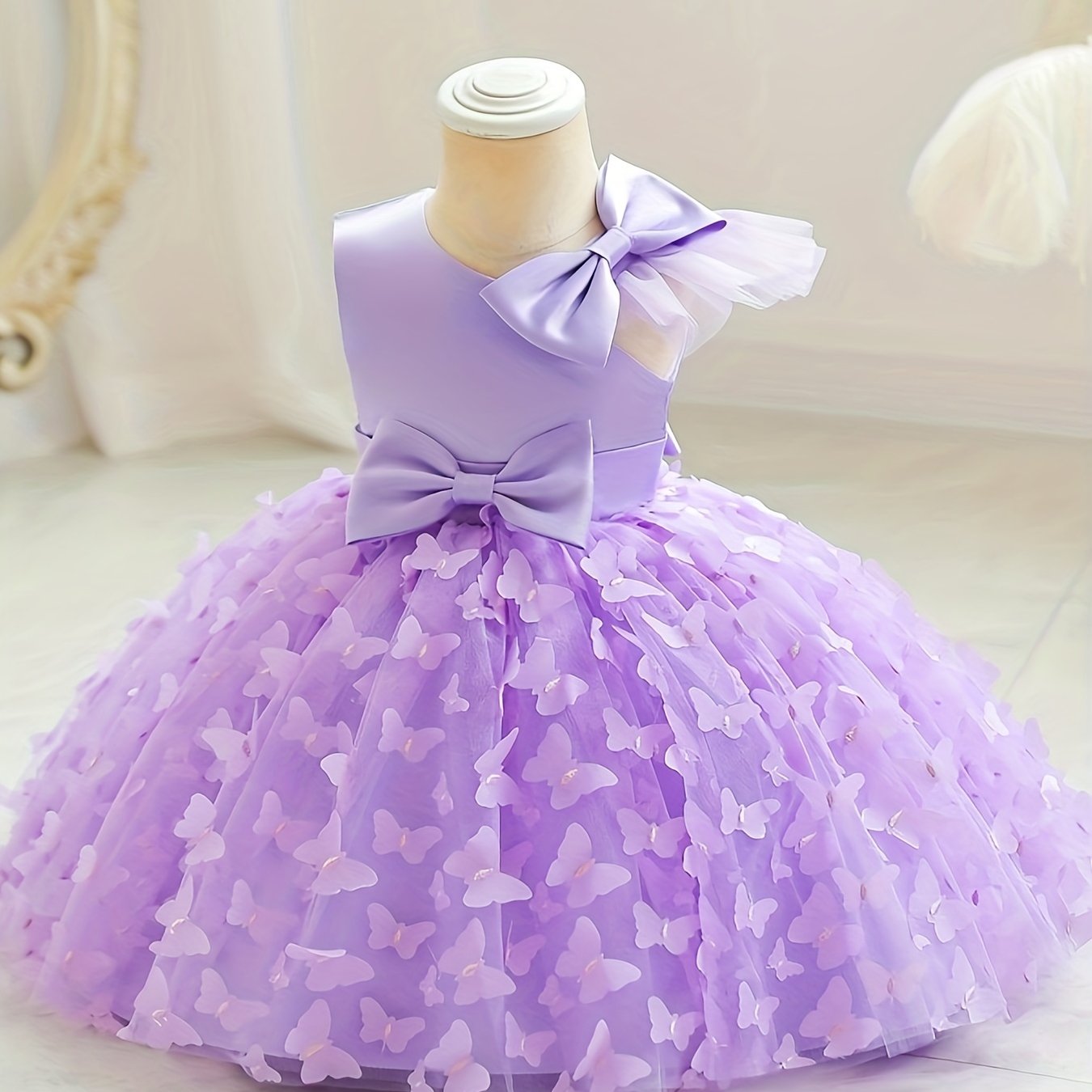 toddler girls cute princess dress with bow belt butterfly design mesh dress flutter mesh sleeve tutu dress for party birthday