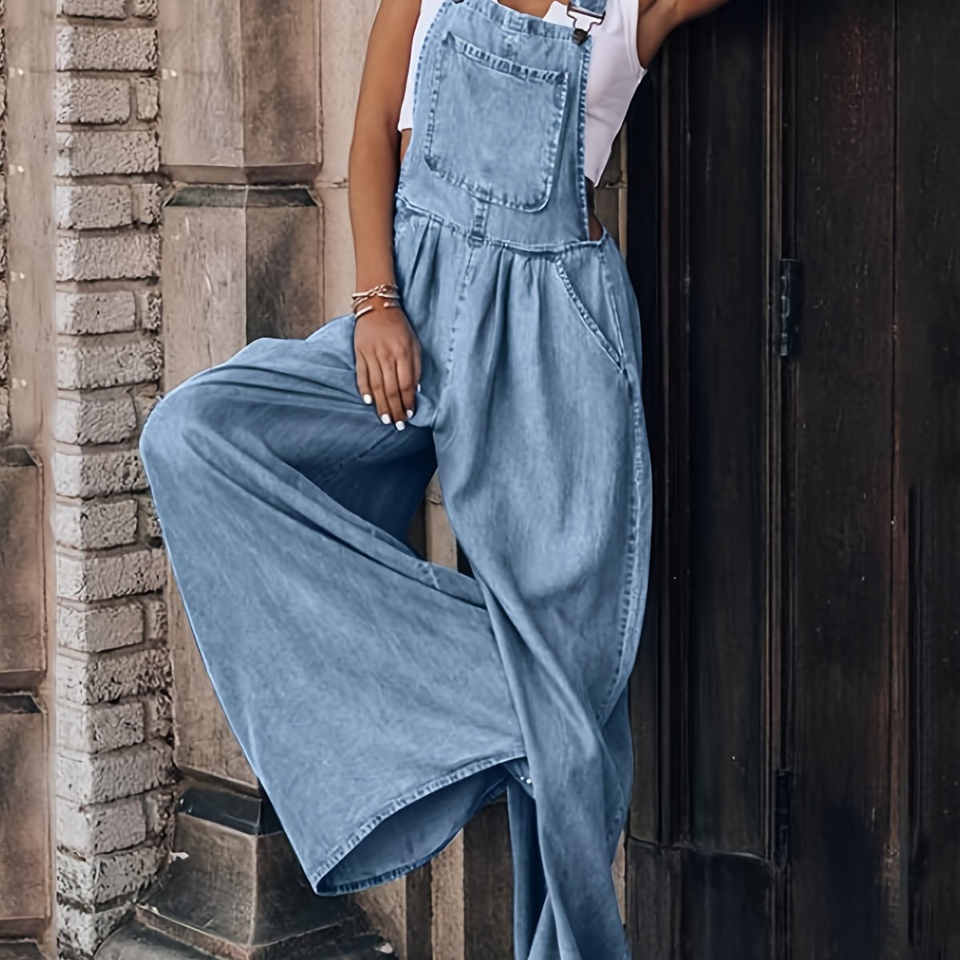 Light Blue Washed Denim Jumpsuit Slight Stretch Loose Fit - Temu