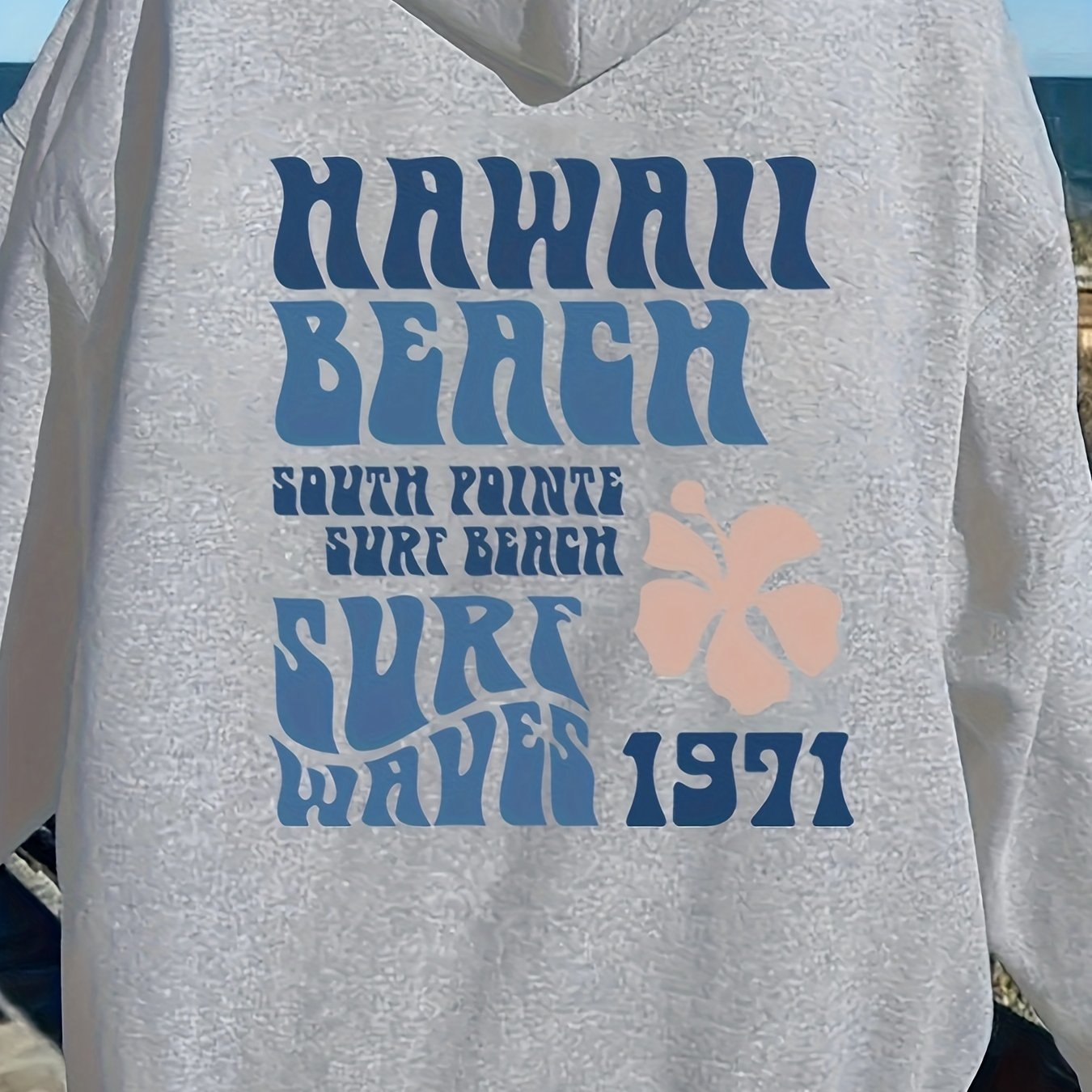 Hawaii Beach Letter Print Hoodie, Casual Pocket Long Sleeve Drawstring Hoodies, Pullover Sweatshirt, Women's Clothing,Temu