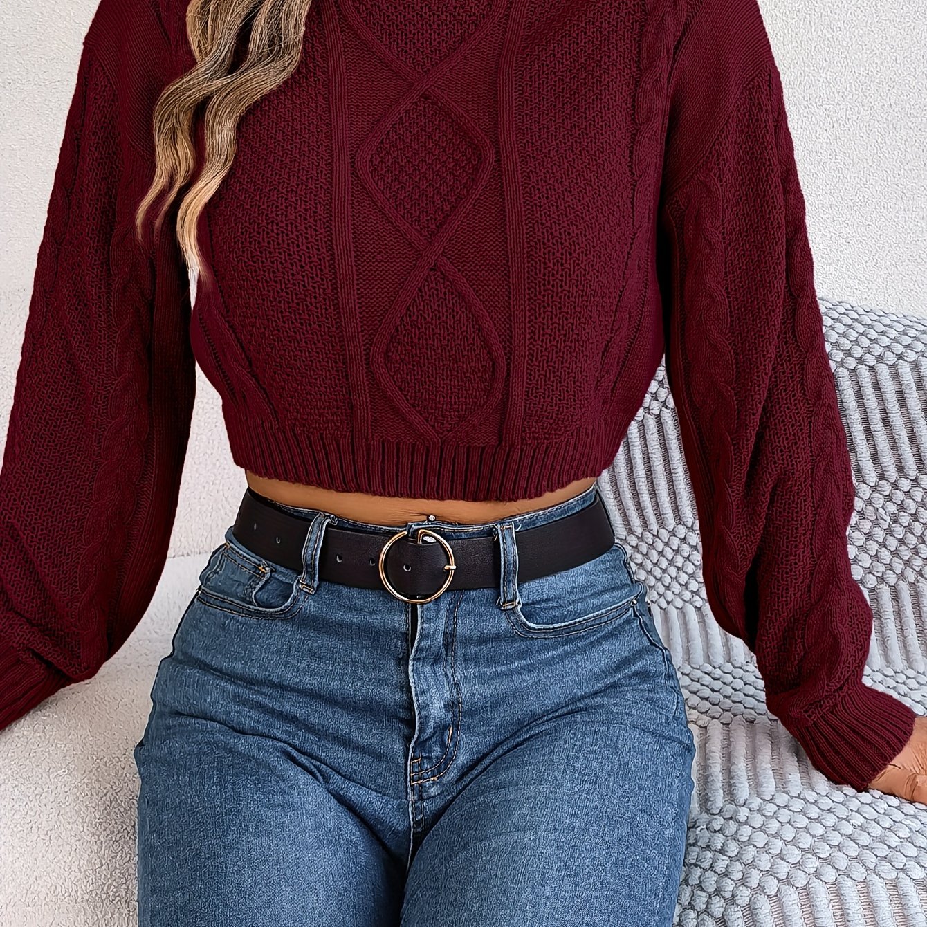 Womens Mock Neck Knit Cropped Sweaters Cozy Long Sleeve Hallow Out Cable  Short Sweater Fall Casual Bolero Jumper Top Khaki at  Women's  Clothing store