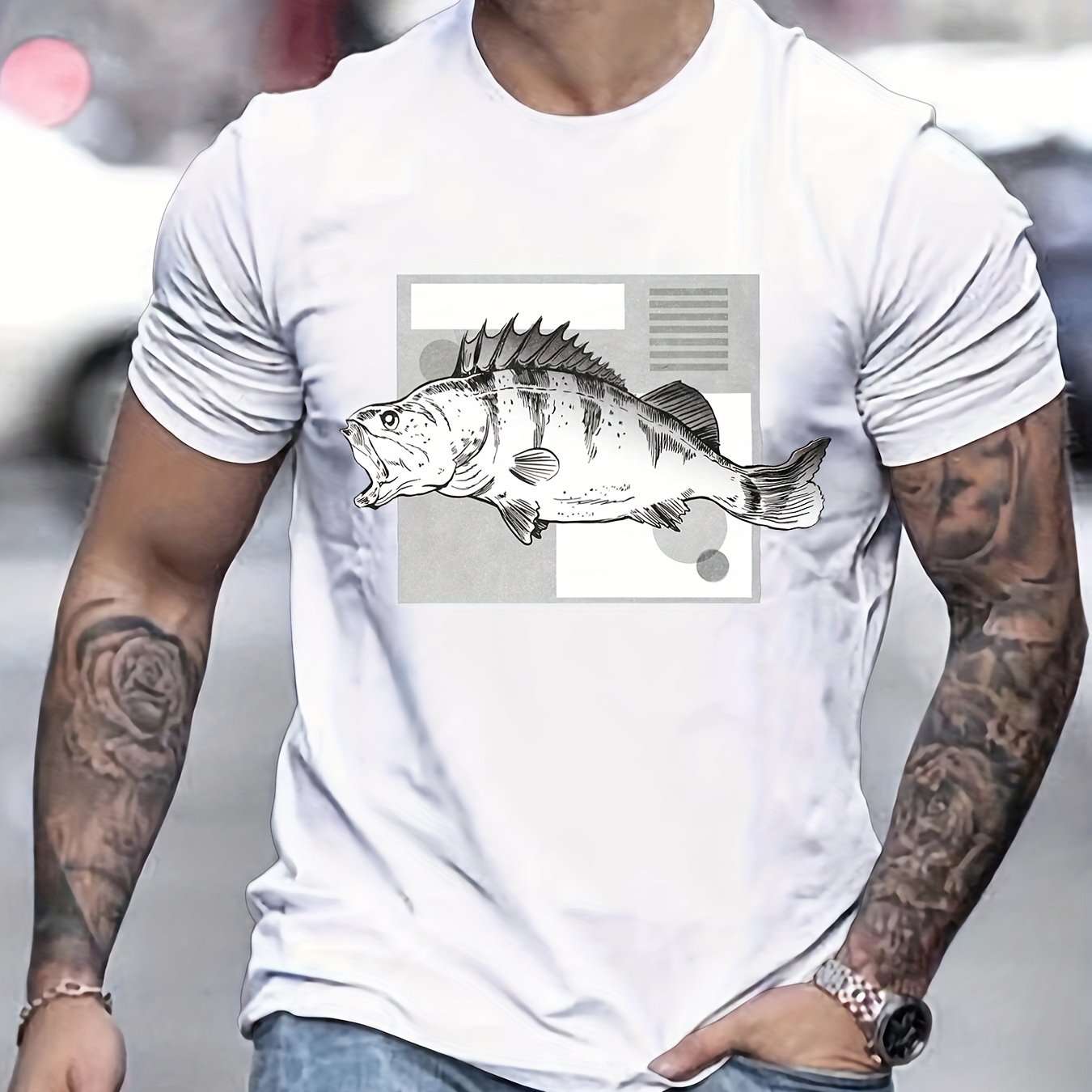Trendy Fish Pattern Print Men's Comfy Chic T shirt Graphic - Temu Canada