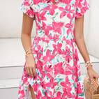 floral print crew neck ruffle hem dress casual short sleeve dress for spring summer womens clothing