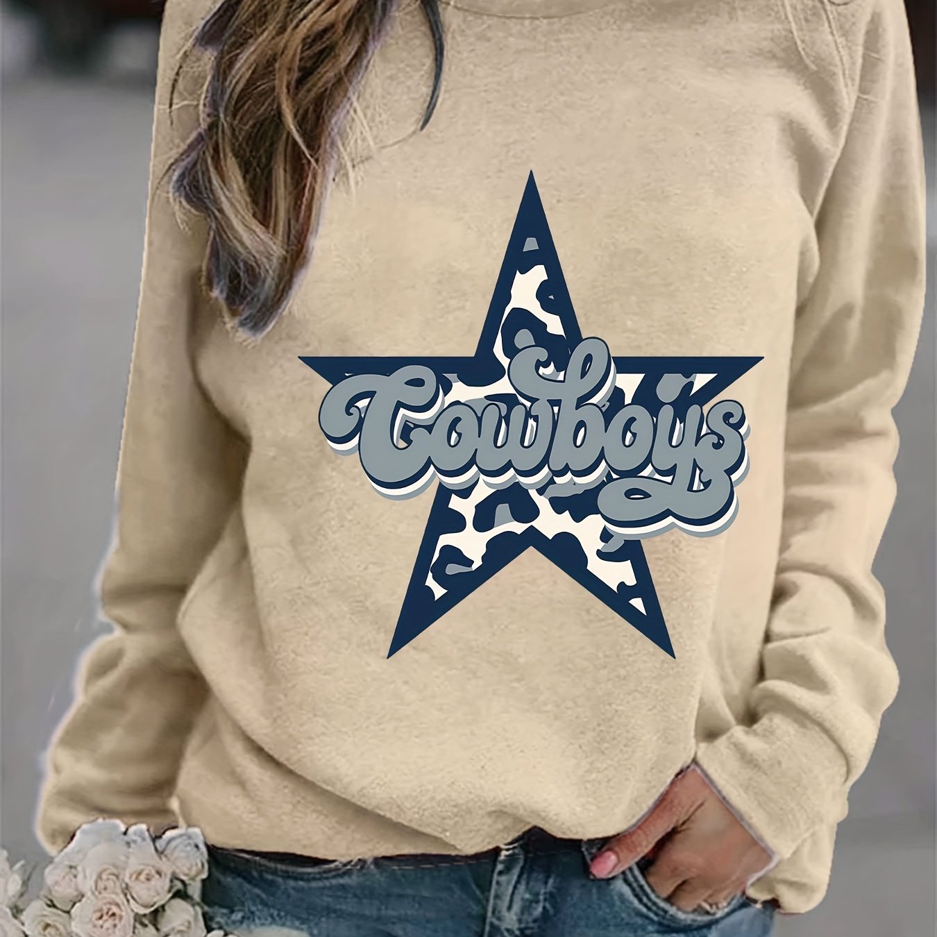 Cowboy & Pentagram Print Sweatshirt, Casual Long Sleeve Crew Neck