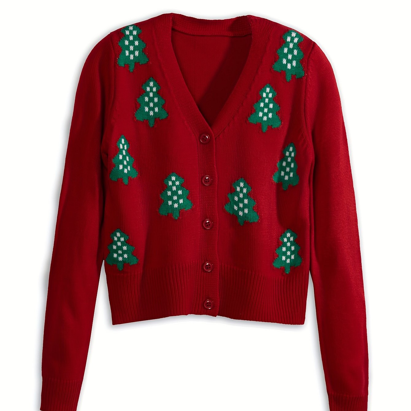 TEMU Christmas Tree Pattern Cardigan, Cute Long Sleeve Button Front Cardigan, Women's Clothing